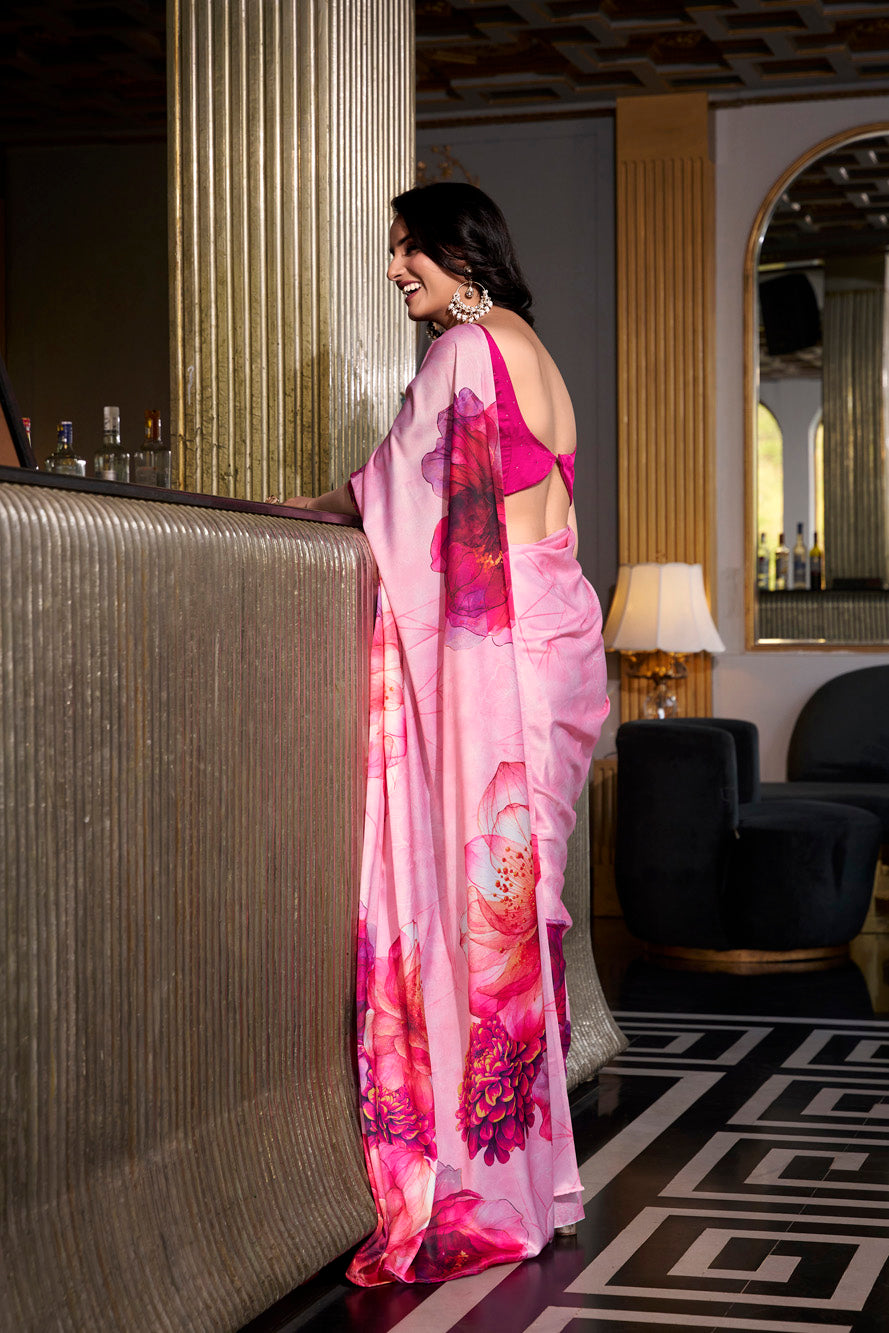 Light pink Printed Satin Silk Saree with Smooth Elegance