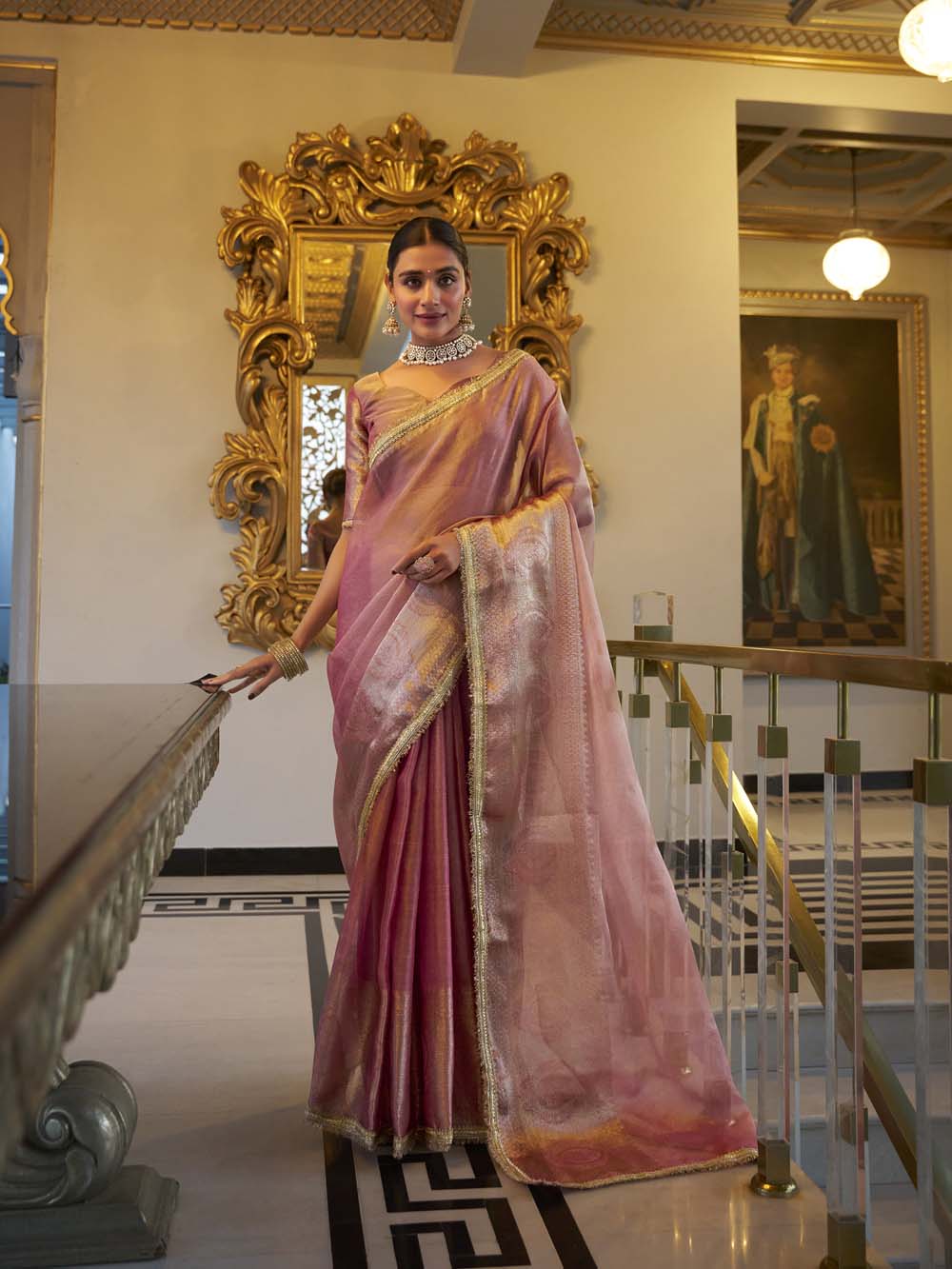 Light pink Tissue Shimmer Saree with Zari Weaving & Sequins Lace
