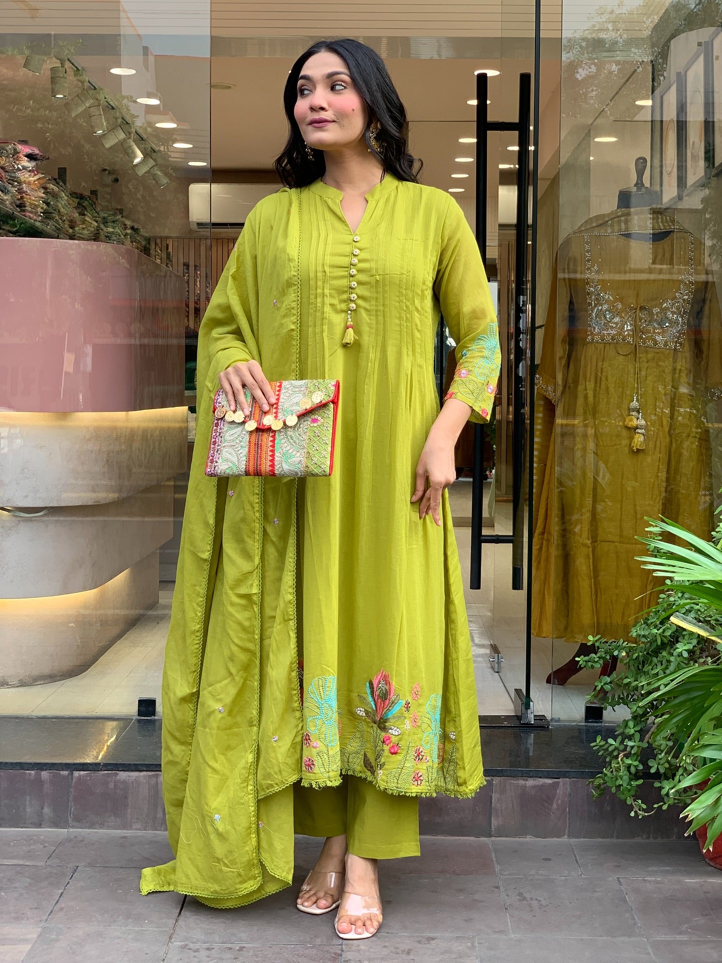 Lime Chanderi Silk Kurta Pant Set With Heavy Thread Embroidery Work