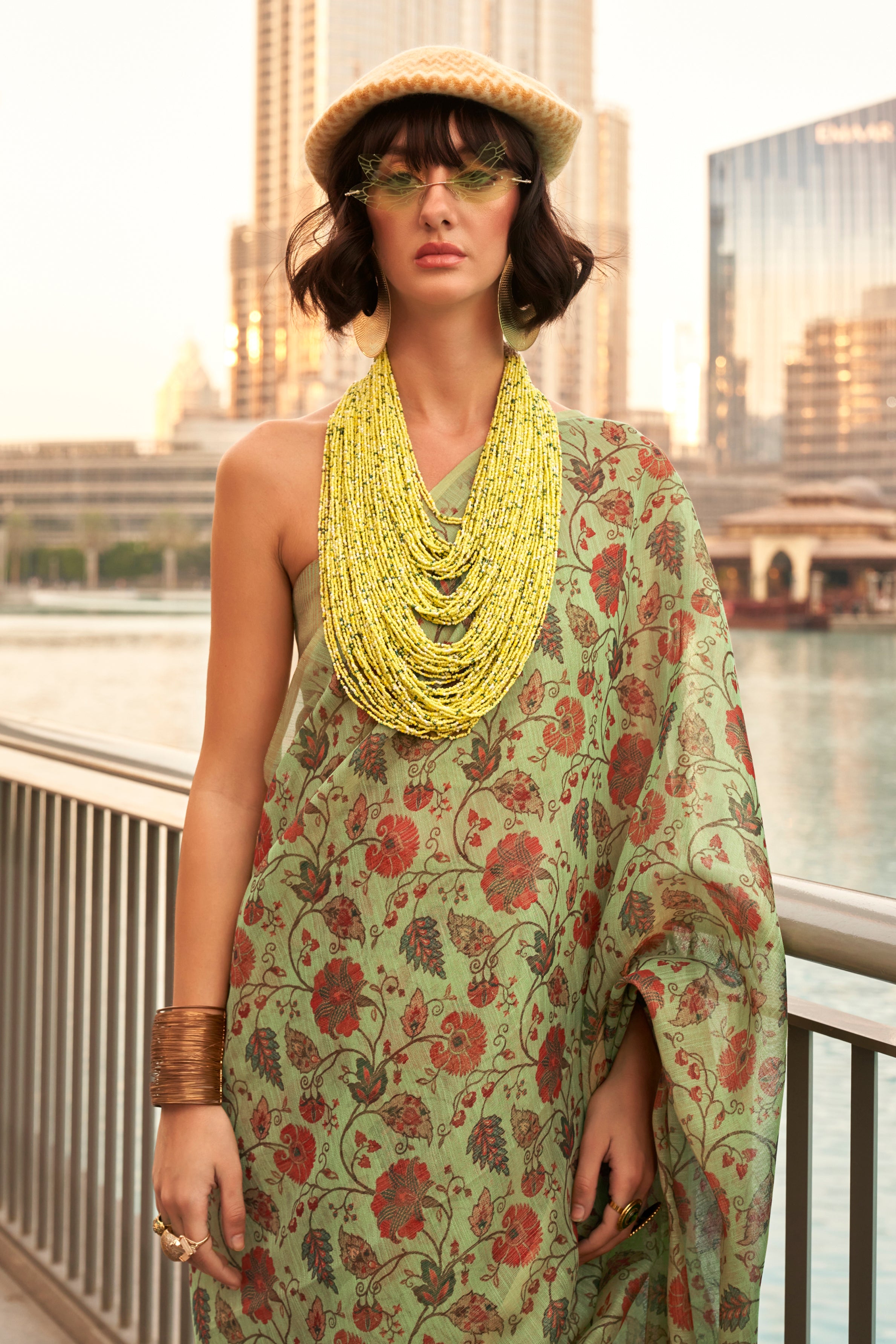 Lime Green Tissue Silk Saree With Printed