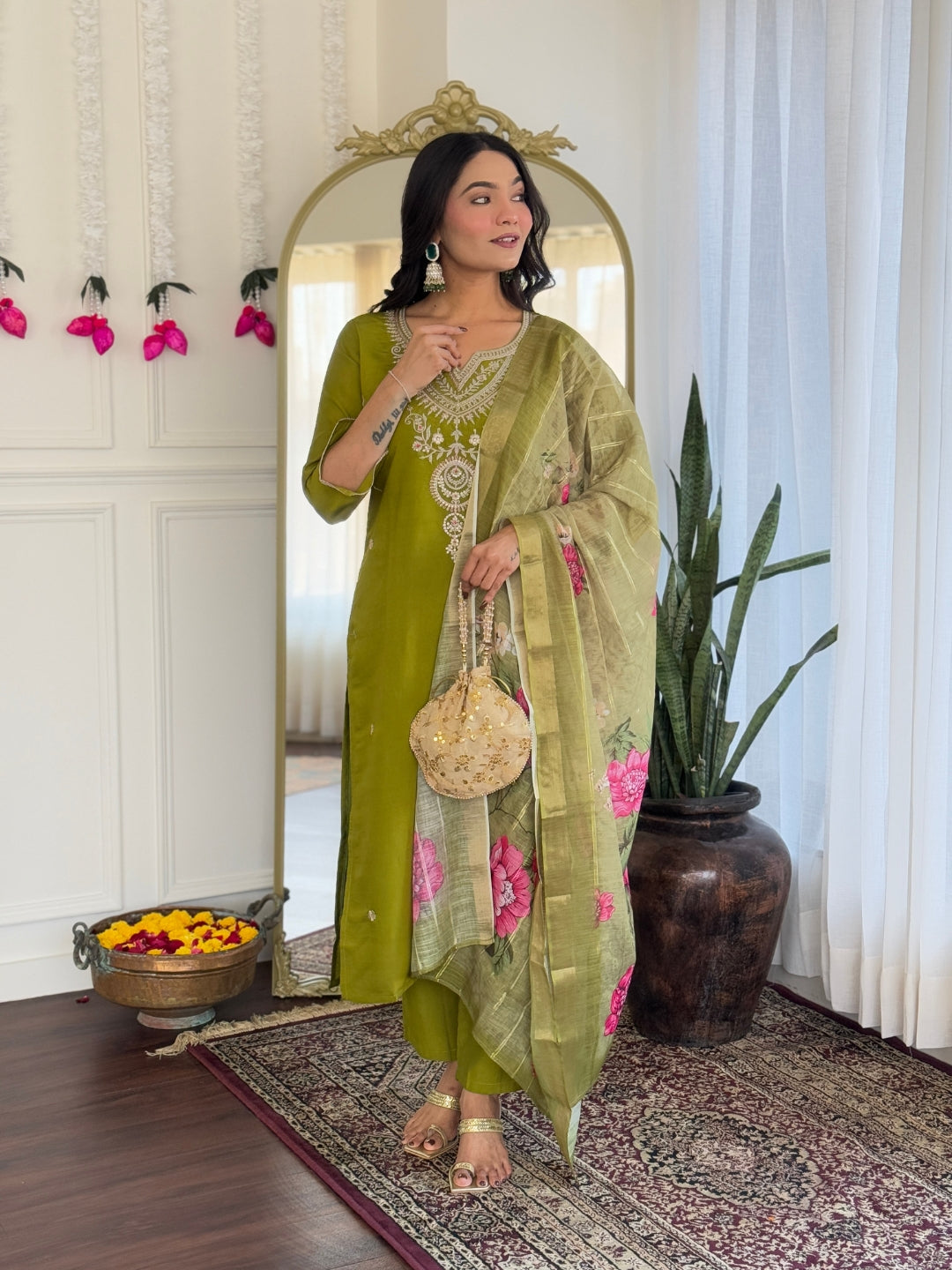 Lime Green Viscose Elegant Kurta Pant Set With Embroidery Work