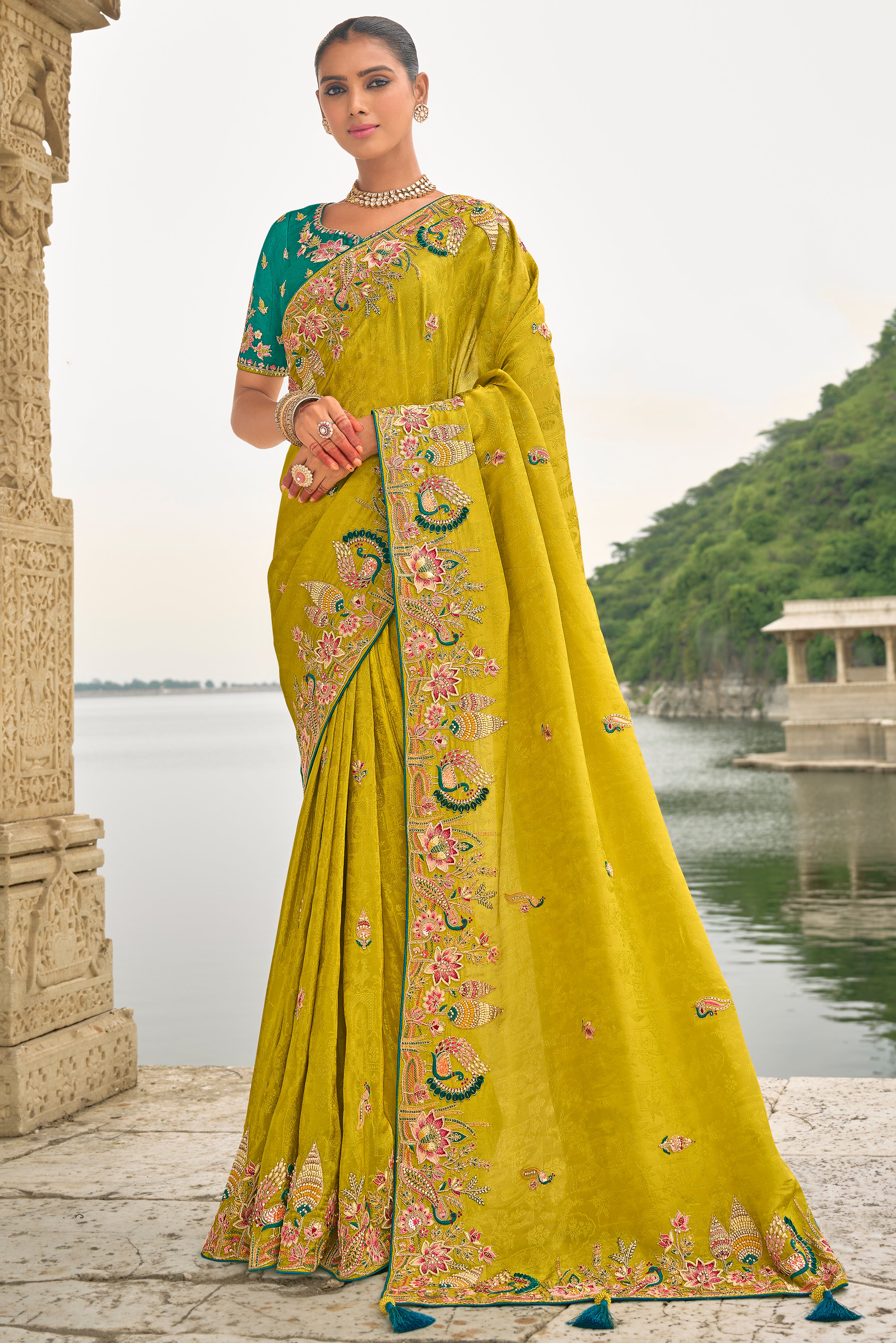 Lime Jacquard Saree With Heavy Thread Embroidery and Sequins Work