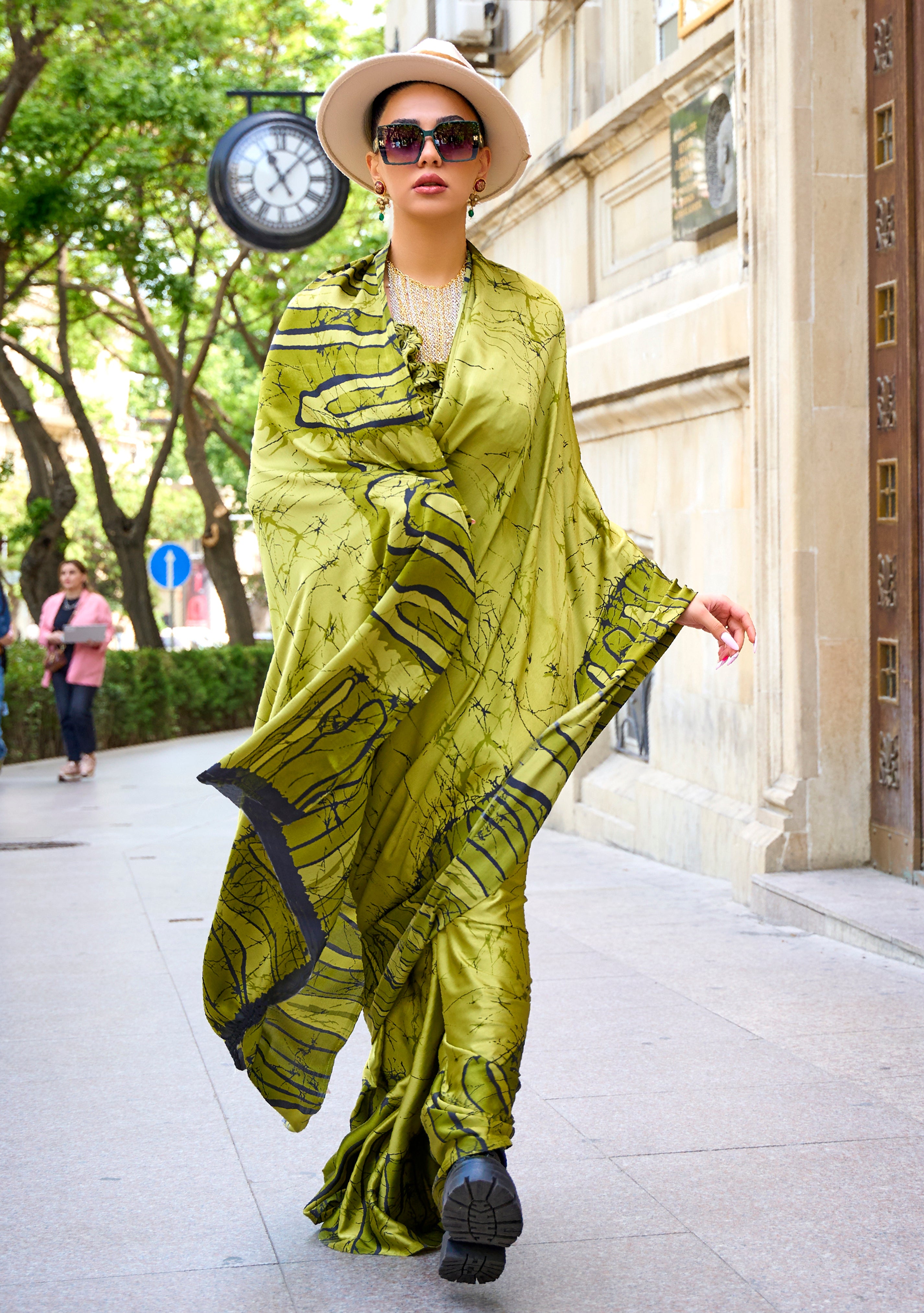 Lime Japan Satin Crape Saree with Printed Work