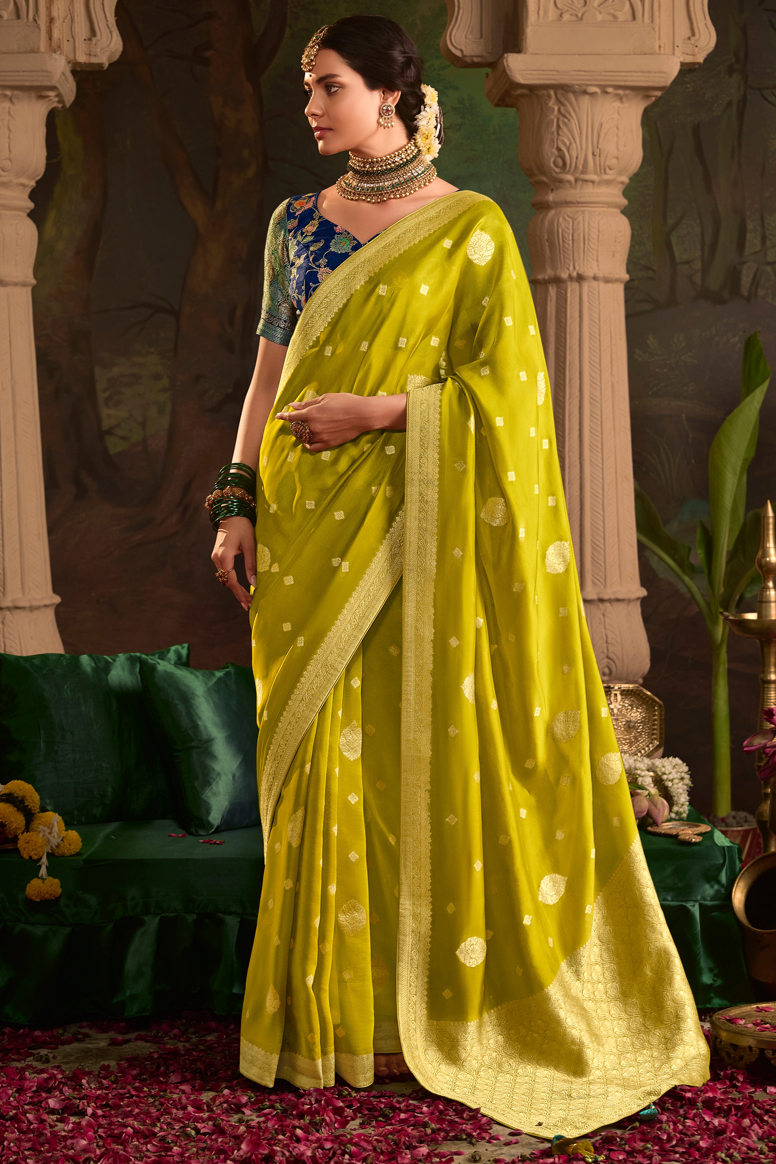 Lime Pure Crepe Dola Silk Saree With Jacquard Woven Work