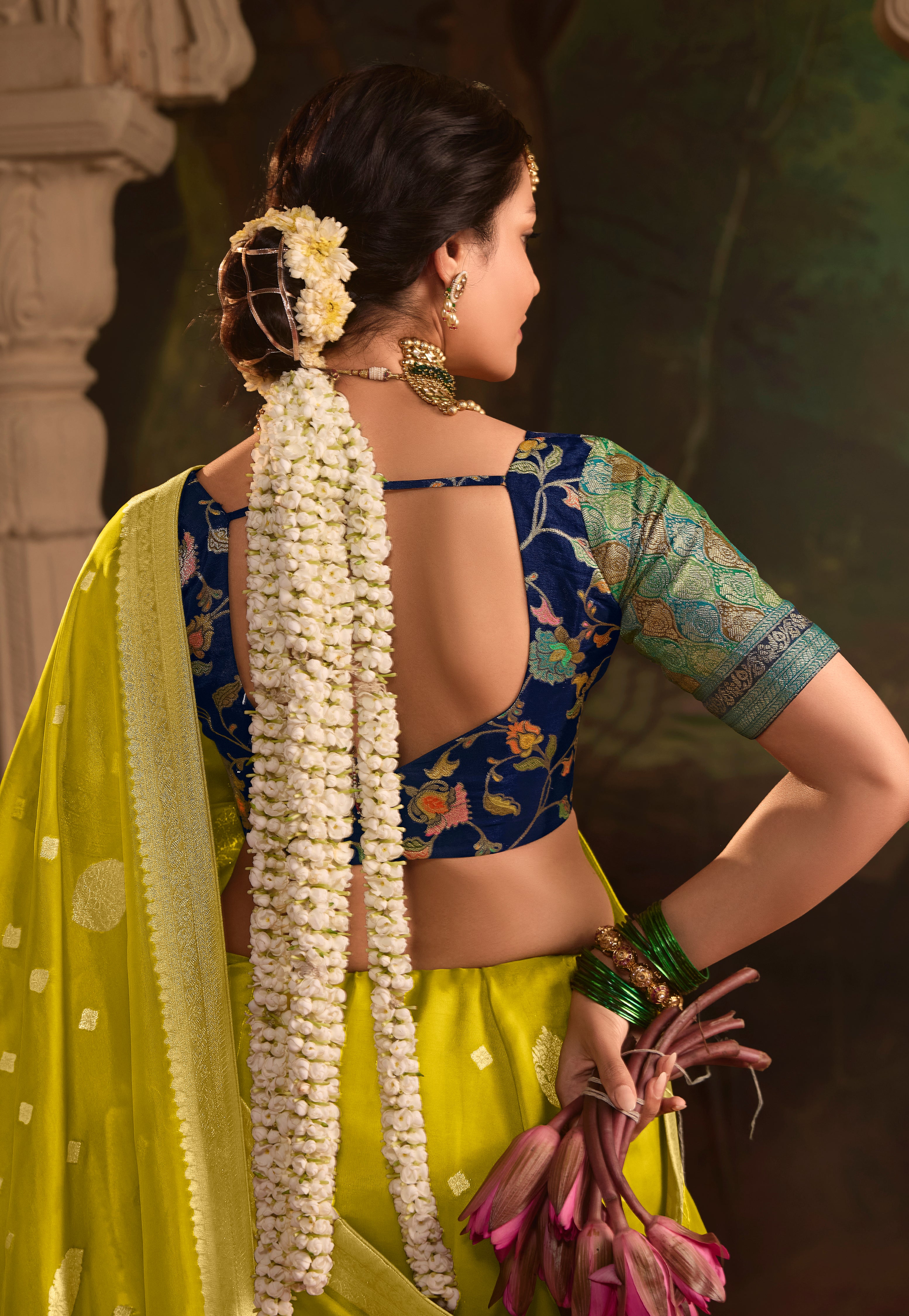 Lime Pure Crepe Dola Silk Saree With Jacquard Woven Work
