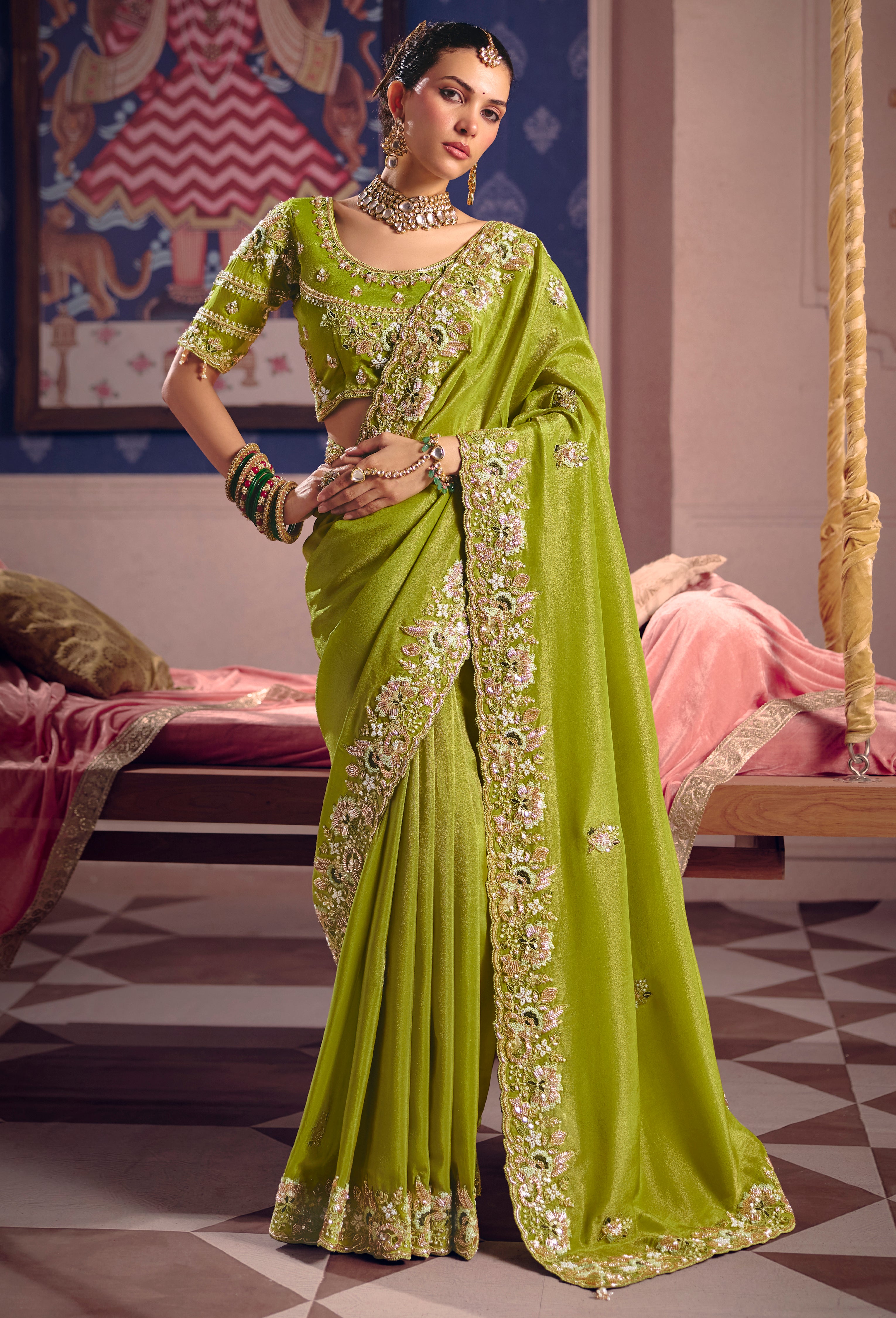 Lime Saree With Heavy Embroidery, Beads With Sequince Work