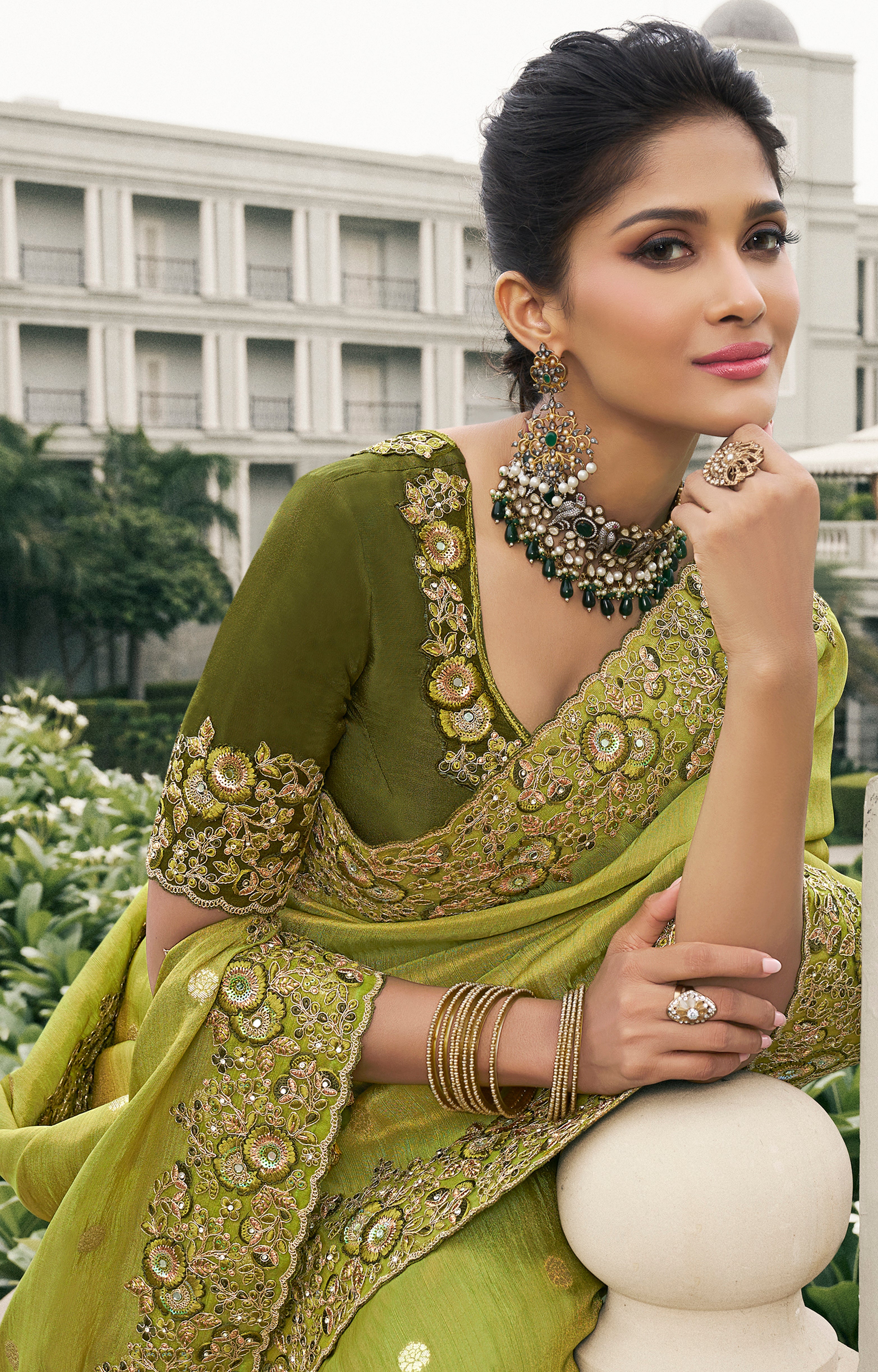 Lime Saree With Heavy Thread Embroidery, Stone, Pearl, Real Mirror Work