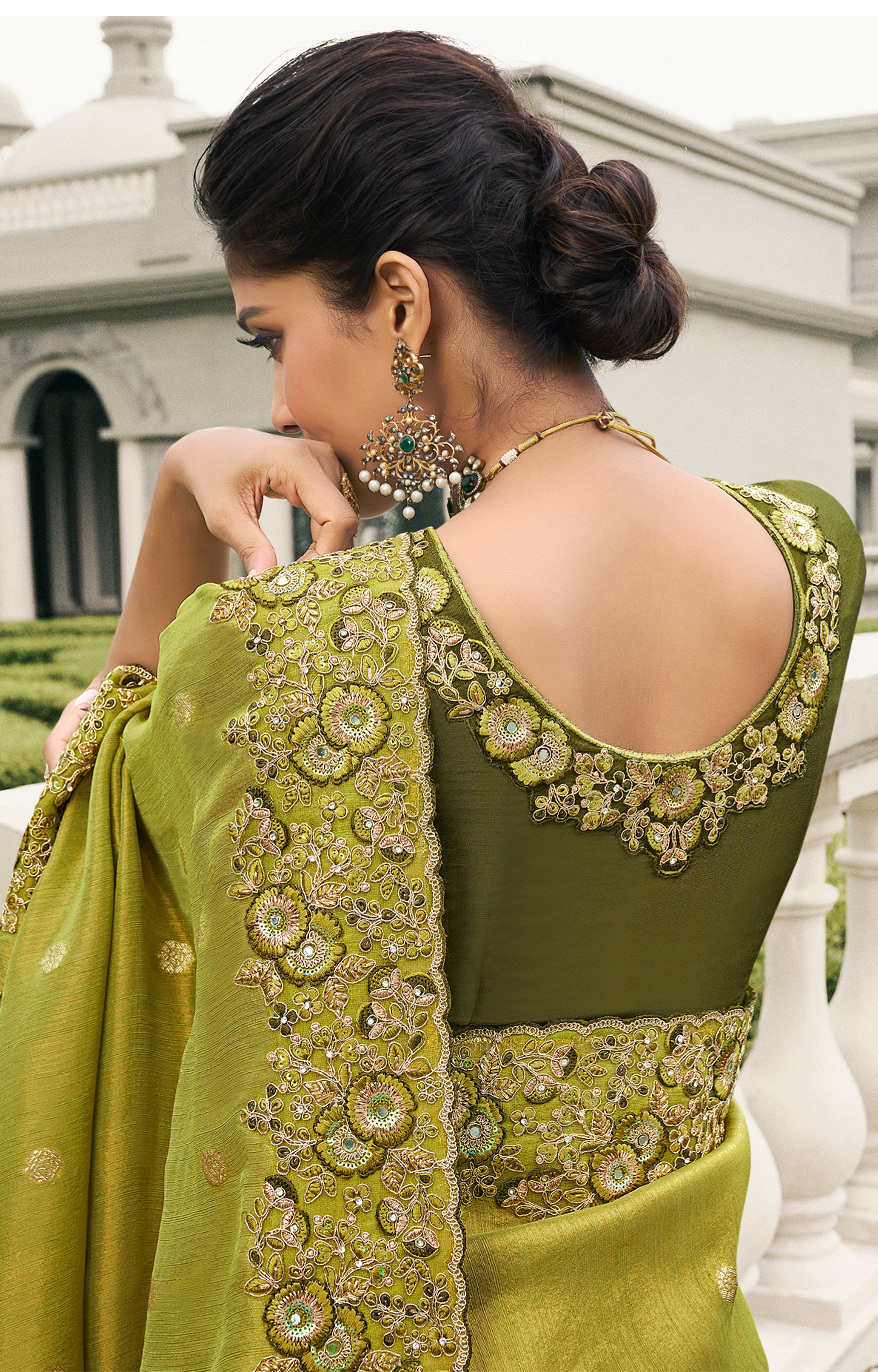 Lime Saree With Heavy Thread Embroidery, Stone, Pearl, Real Mirror Work