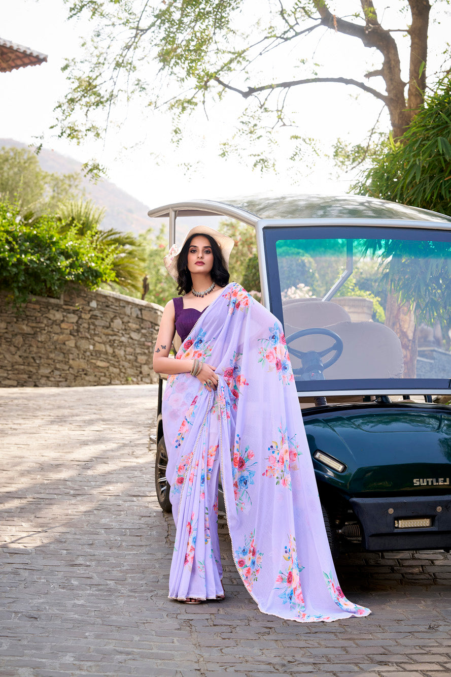 Luvender Floral Marble Saree with Lace Border