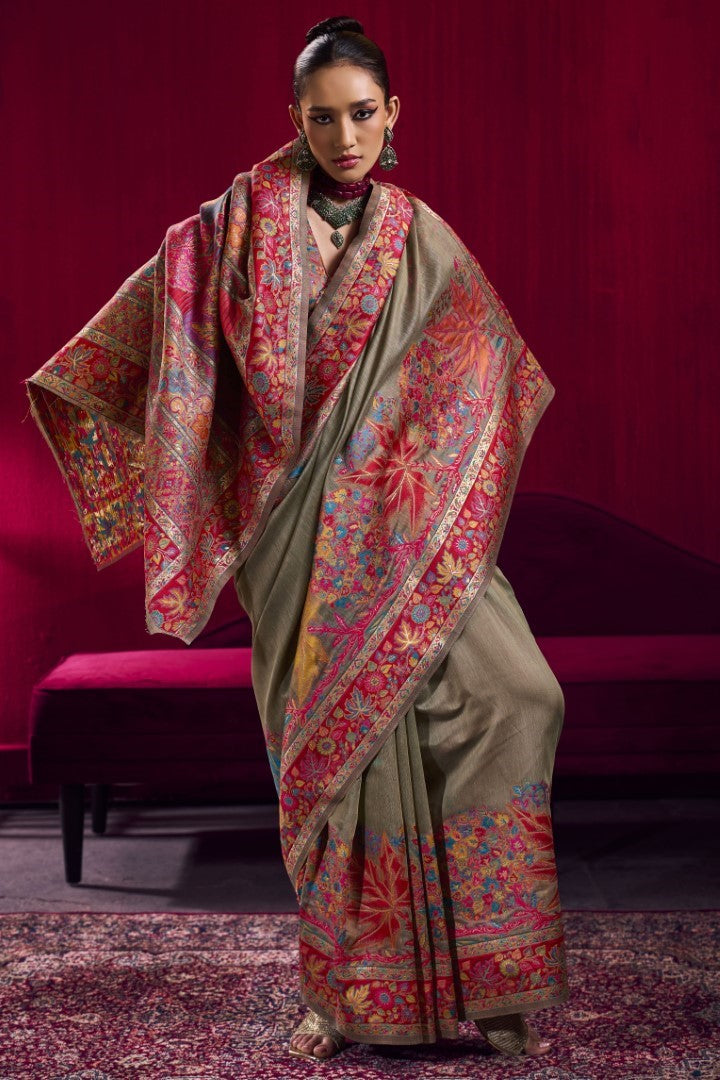 Luxurious Beige Modal Pashmina Saree with Handloom Zari Weaving
