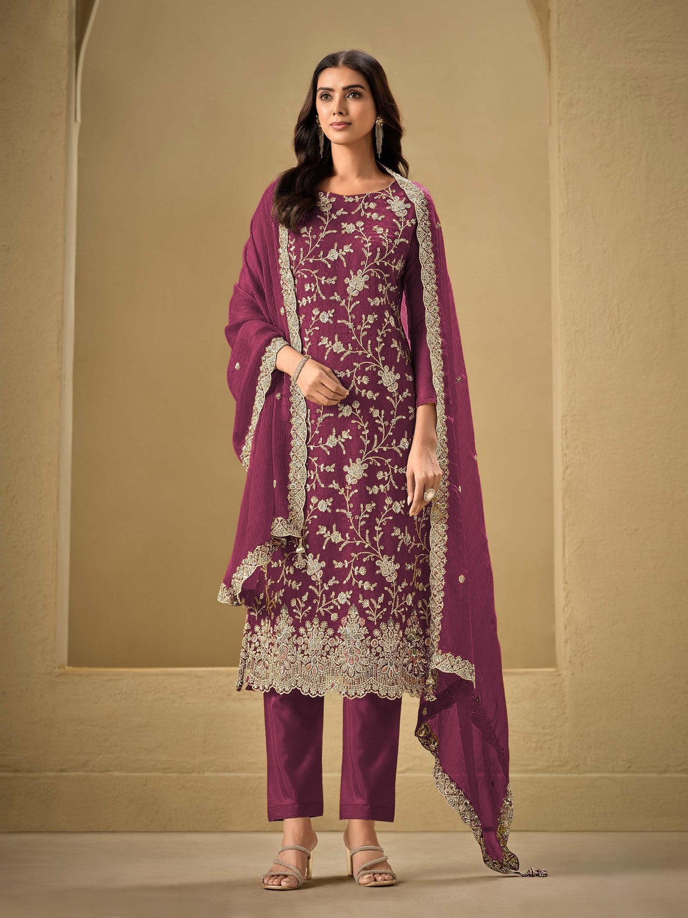 Magenta Chinon Designer Suit Set With Elegant Embroidery
