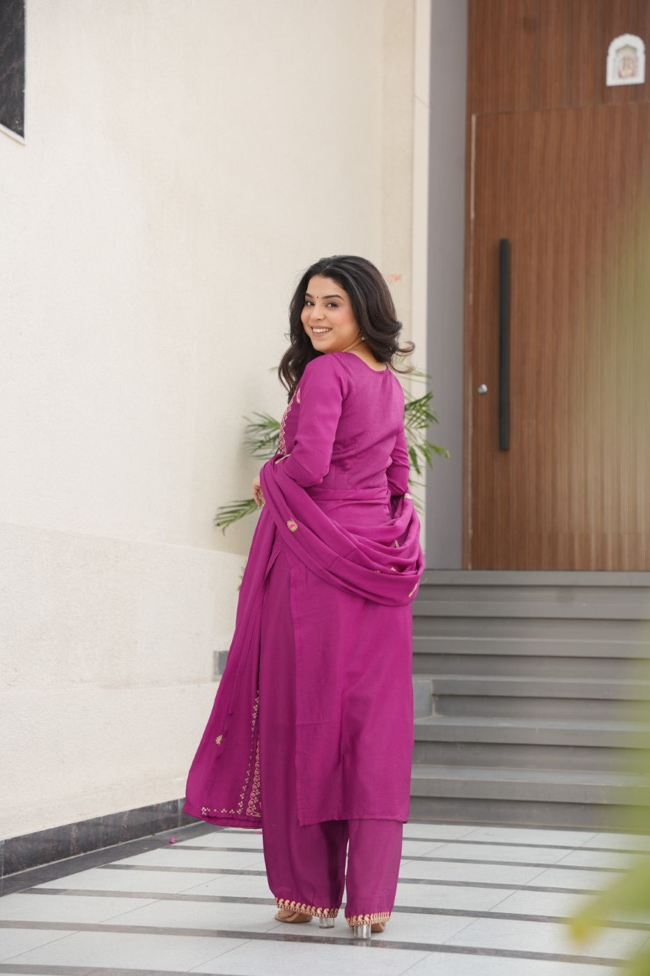 Magenta Chinon Designer Suit Set With Zari Mukaish Thread Embroidery