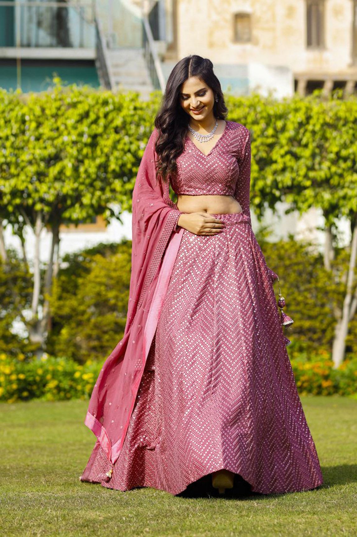 Magenta Lehenga Choli With Sequins With Multi Color Thread And Zari Embroidery Work
