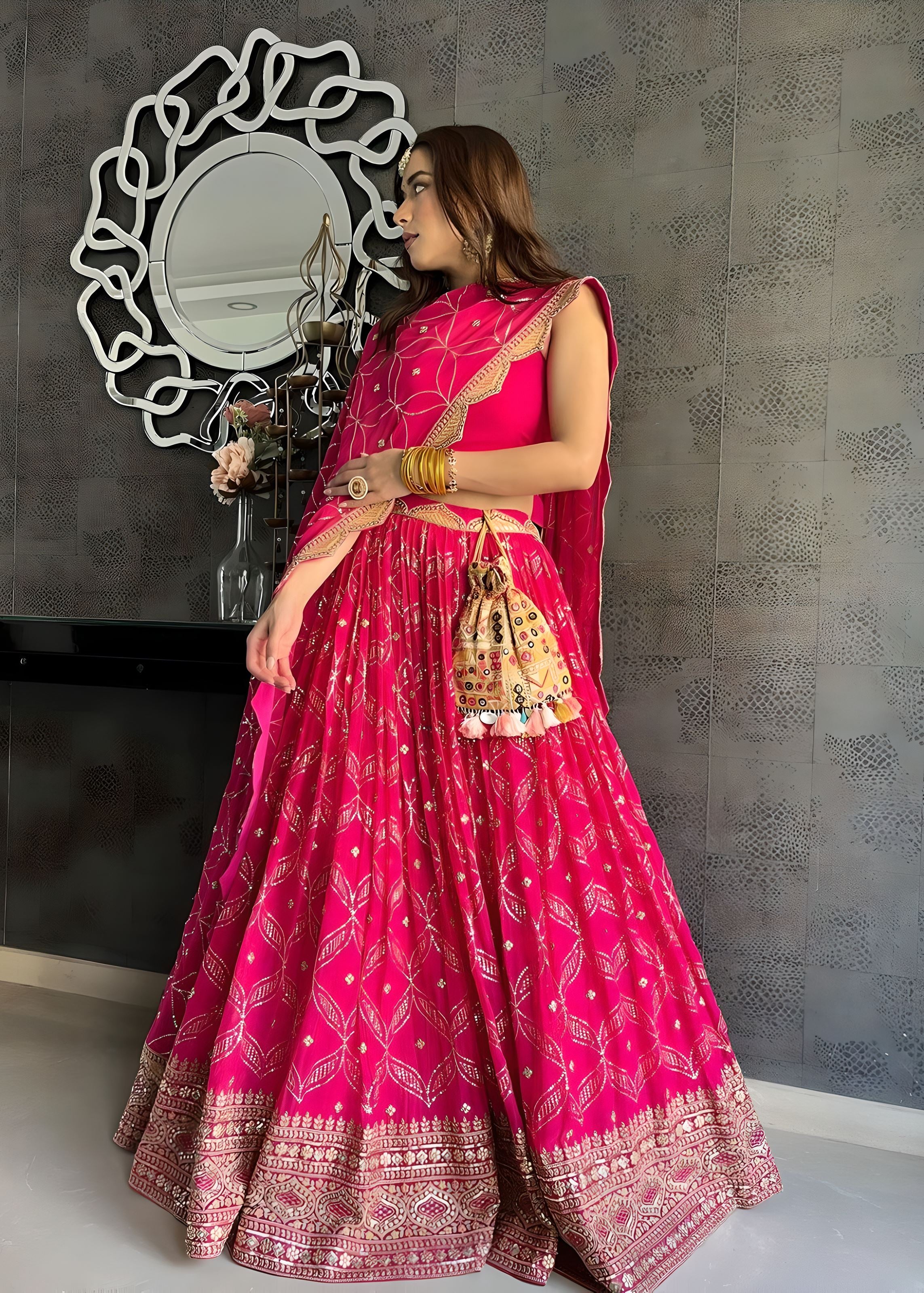 Magenta Lehenga Choli With Thread and Embroidery Work