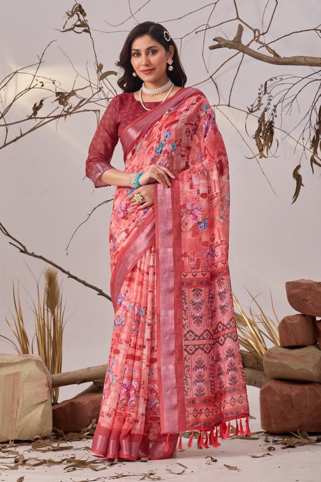 Magenta Linen Cotton Saree with Digital Print
