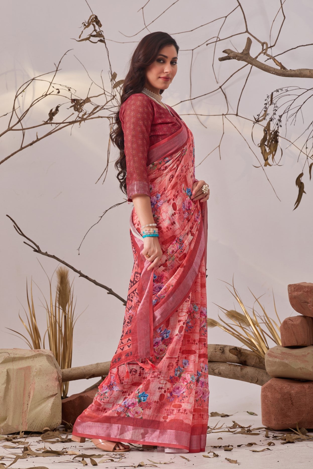 Magenta Linen Cotton Saree with Digital Print