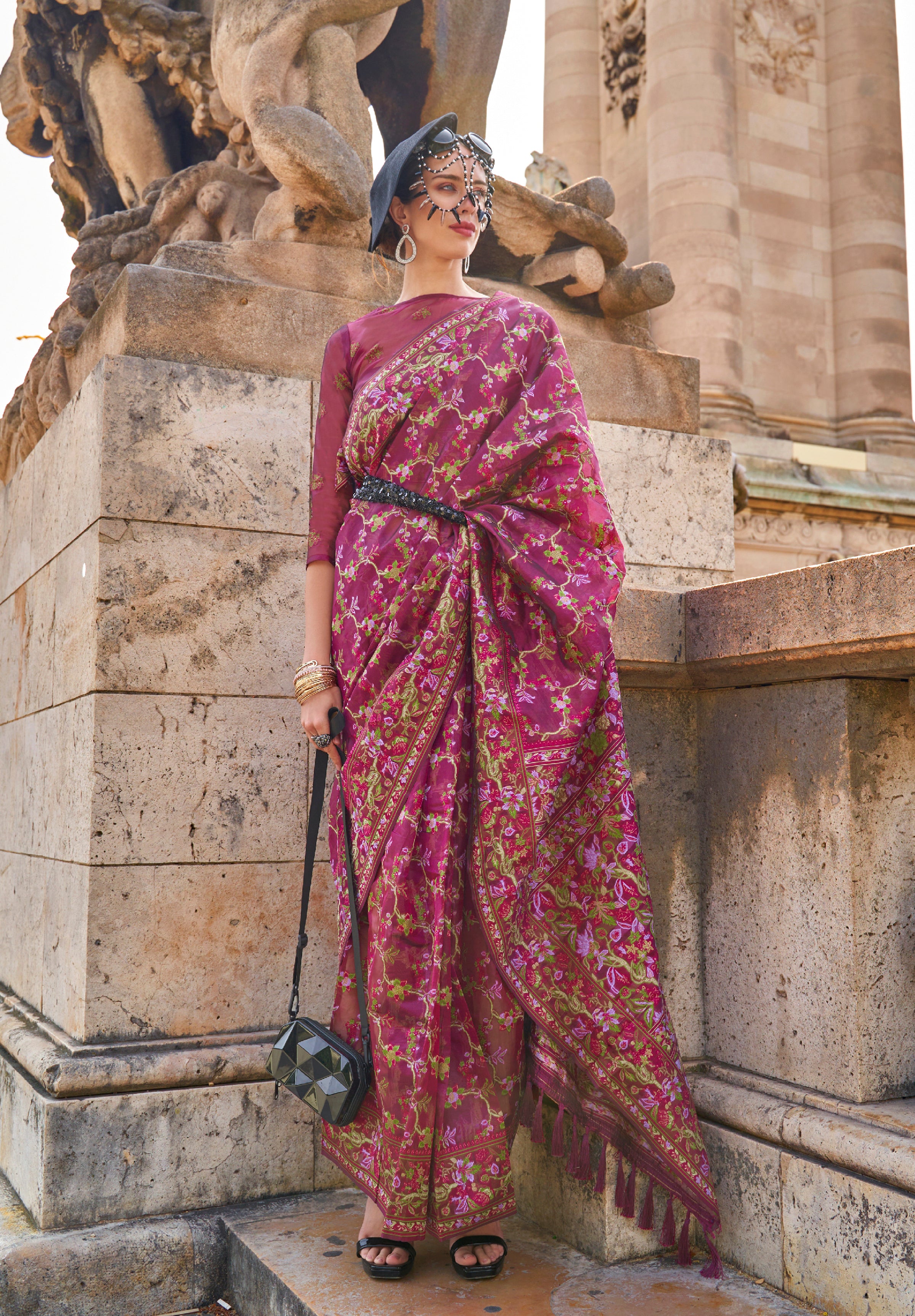 Magenta Organza Handloom Saree With Woven Work