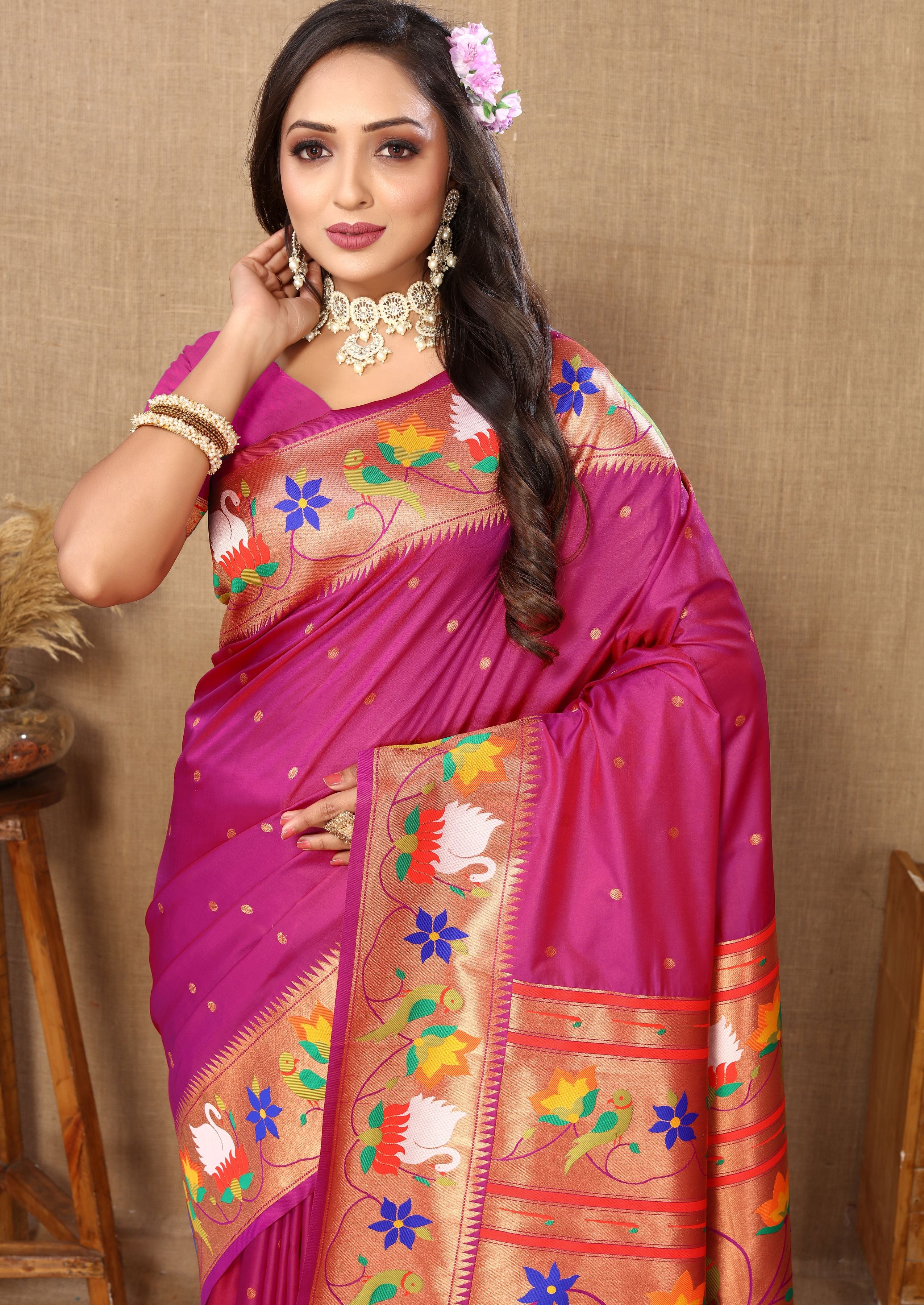 Magenta Paithani Silk Woven Meenakari Paithani Designer Saree