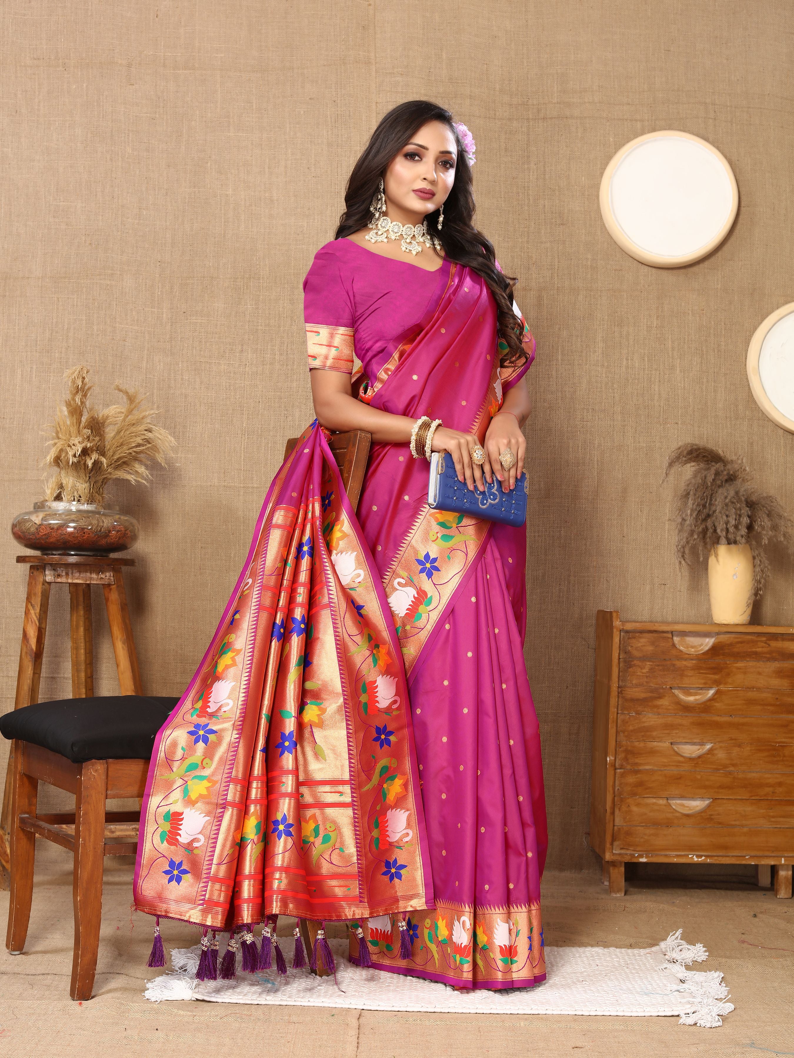 Magenta Paithani Silk Woven Meenakari Paithani Designer Saree