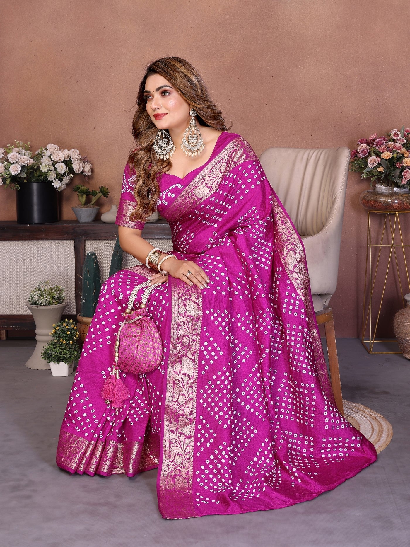 Magenta Pure Dola Silk Saree With Handmade Original Bandhej