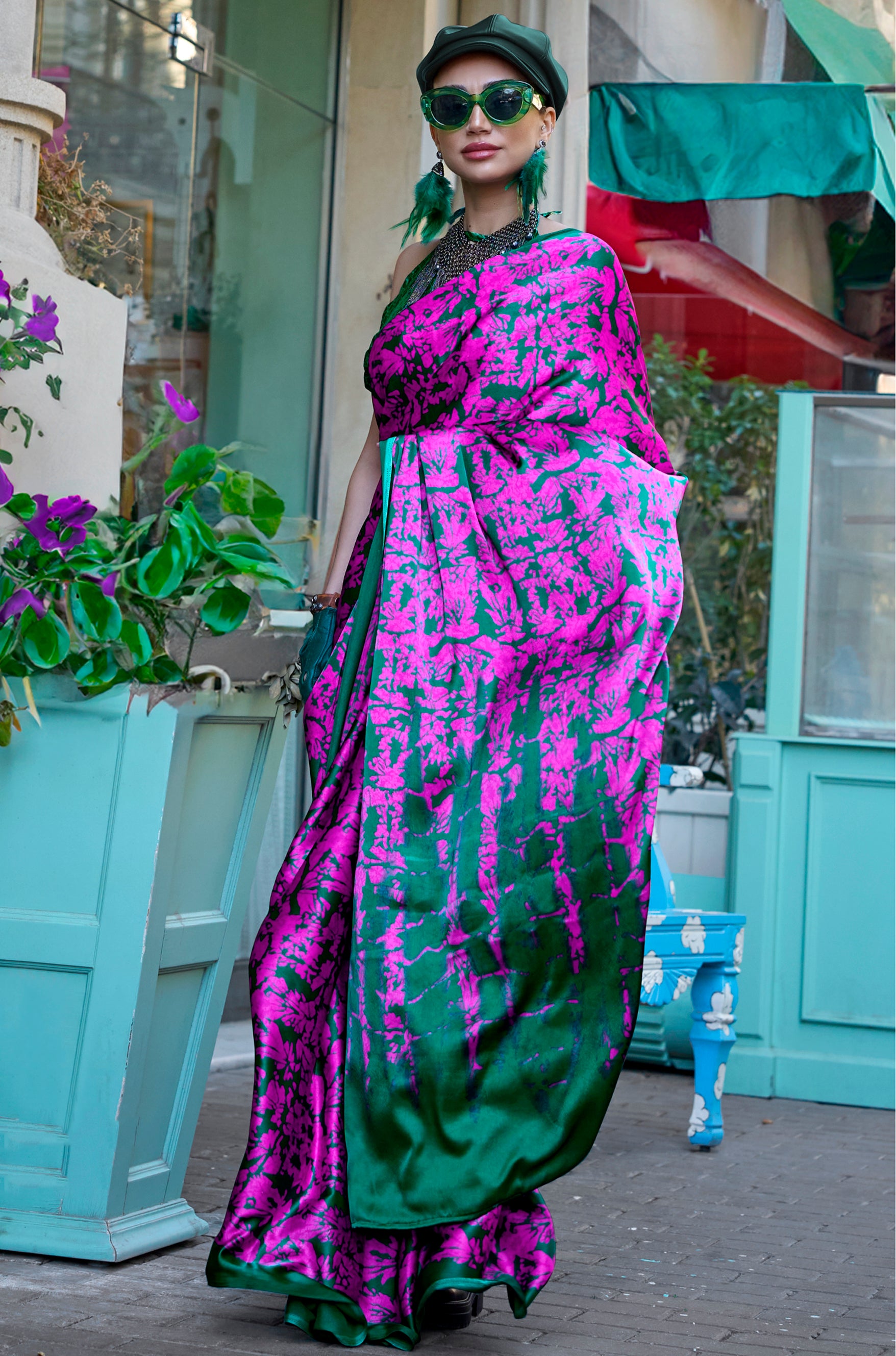 Magenta Satin Saree With Digital Print