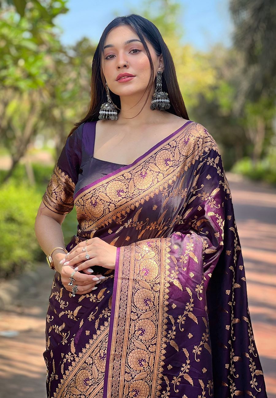 Magenta Satin Saree With Woven Work