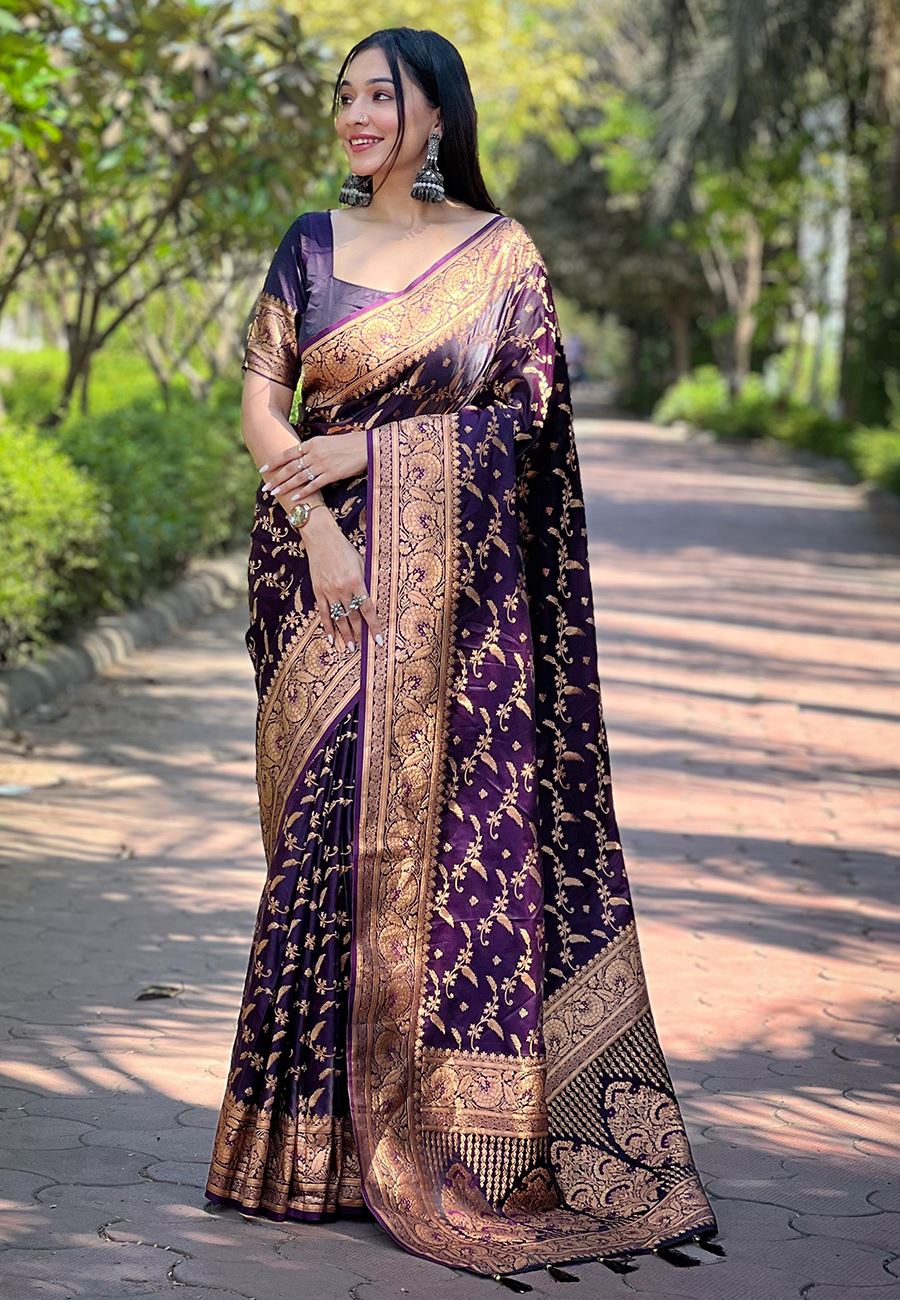 Magenta Satin Saree With Woven Work