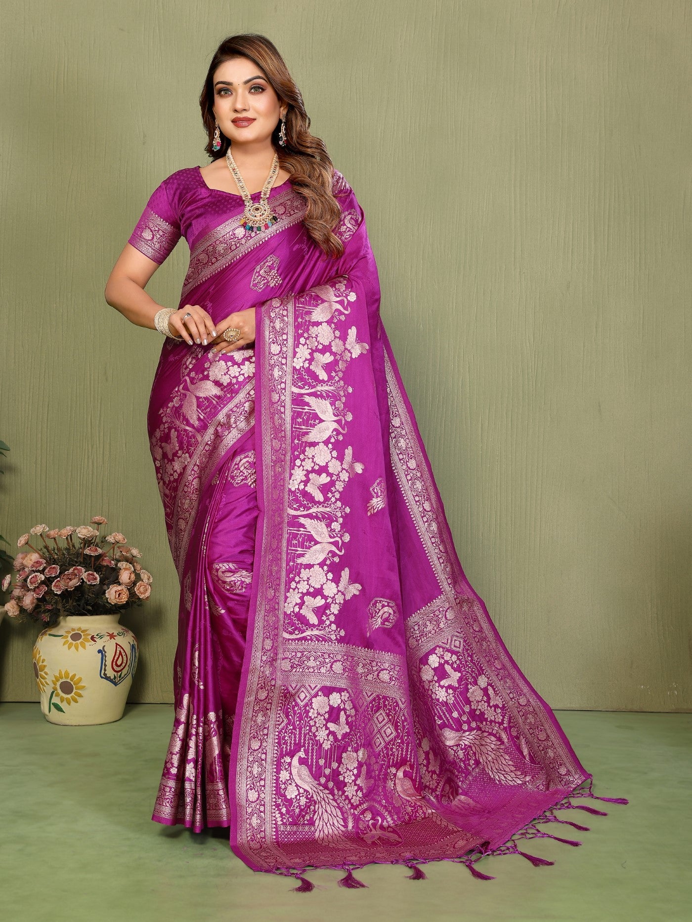 Magenta Satin Silk Saree With Traditional Zari Weaving Butta
