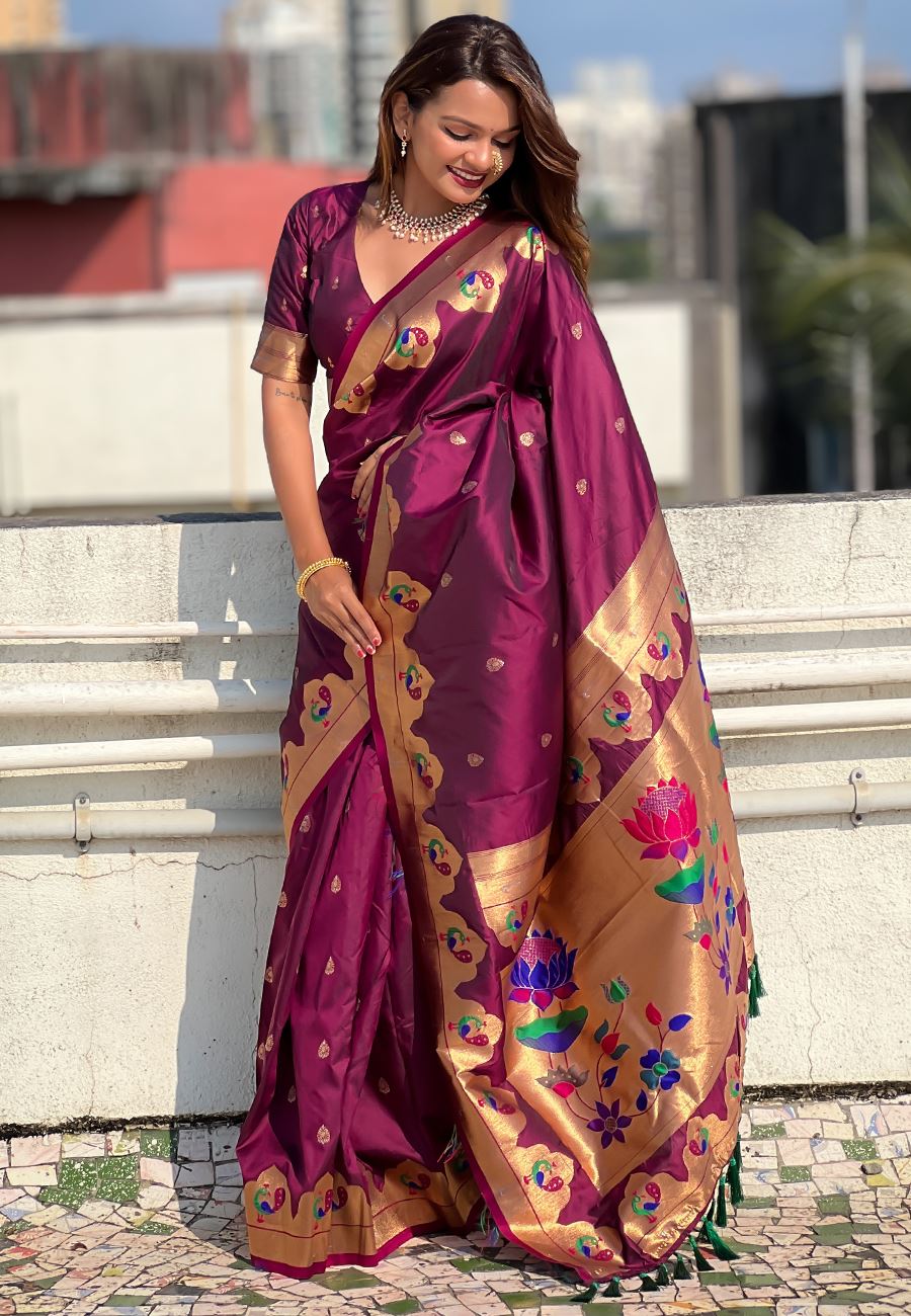 Magenta Silk Blend Paithani Saree