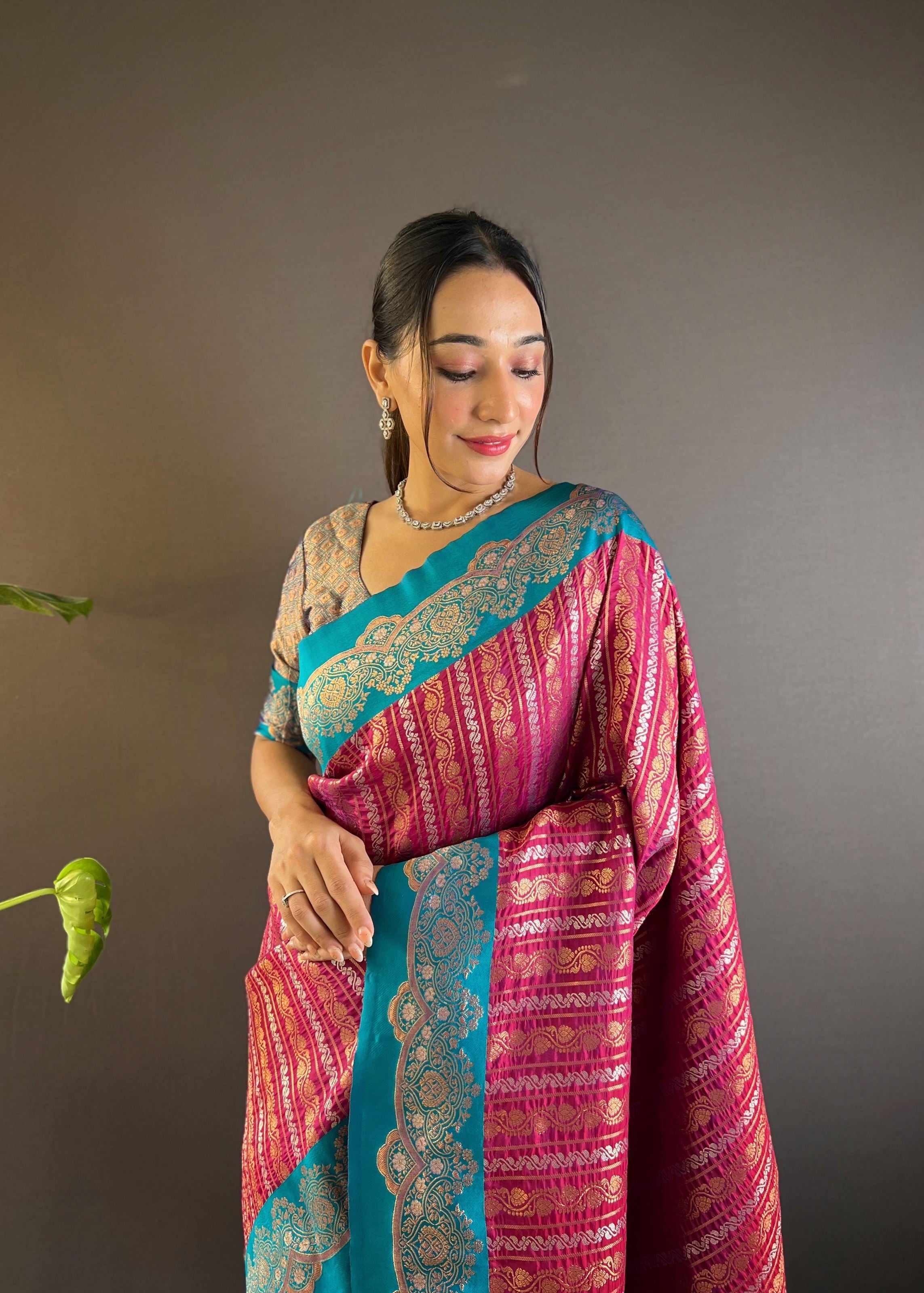 Magenta Silk Blend Saree With Zari and Woven Work