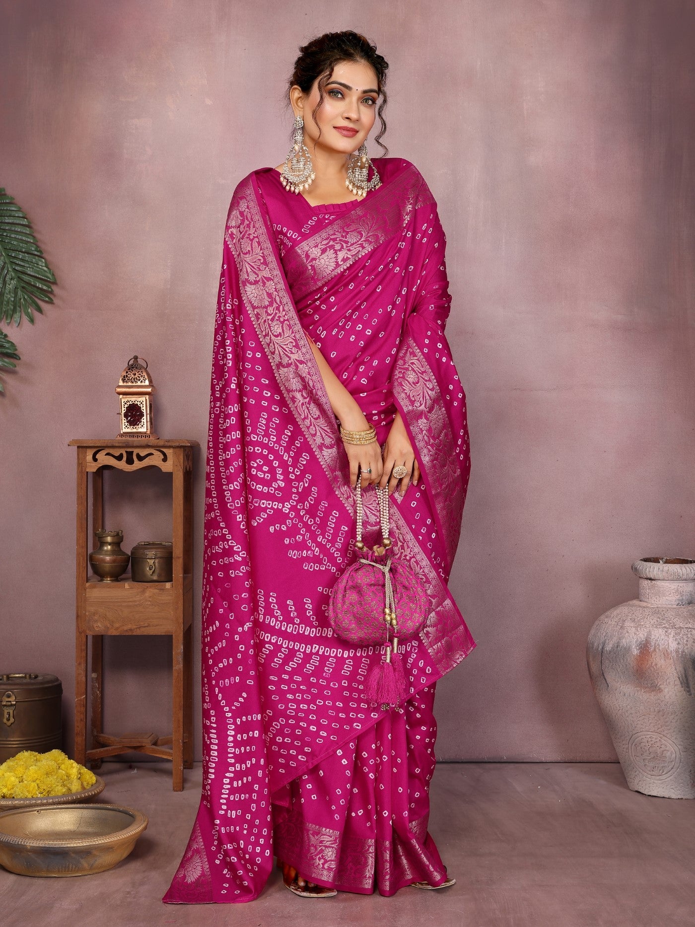 Magenta Silk Saree With Bandhej And Classic Zari Weaving