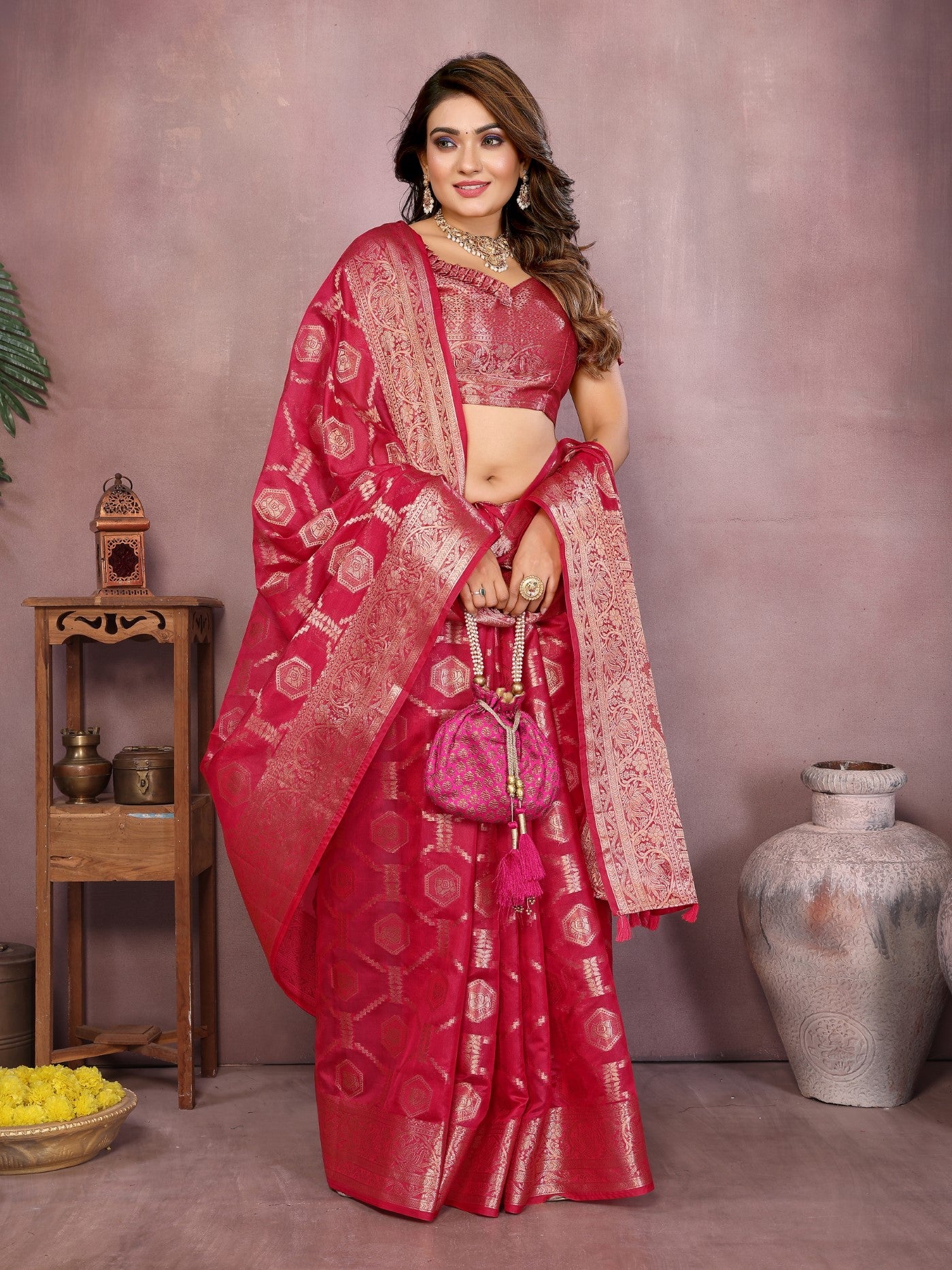Magenta Soft Organza Silk Saree With Elegant Weaving