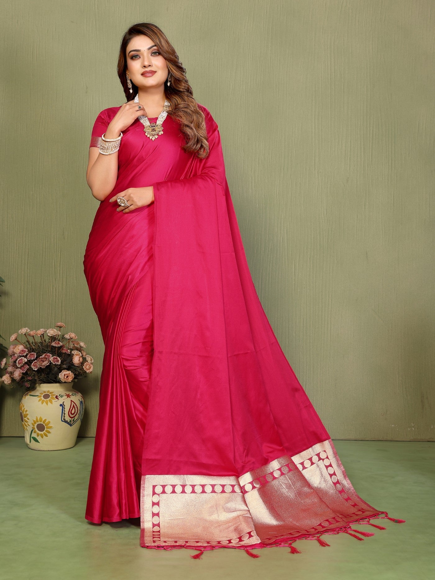 Magenta Soft Satin Silk Saree With Premium Zari Weaving