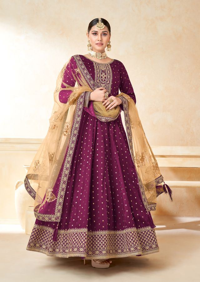 Magenta Taffeta Butti Heavy Thread Embroidery, Zari With Sequins Work Anarkali Suits