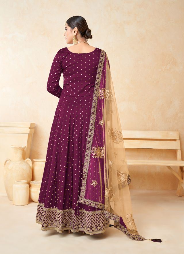 Magenta Taffeta Butti Heavy Thread Embroidery, Zari With Sequins Work Anarkali Suits