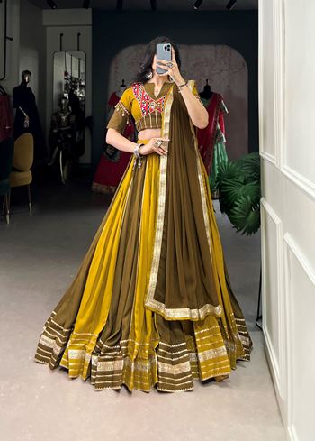Mehendi-Mustard Rayon Lehenga Choli with Sequins Lace Gota Patti