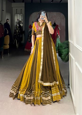Mehendi-Mustard Rayon Lehenga Choli with Sequins Lace Gota Patti