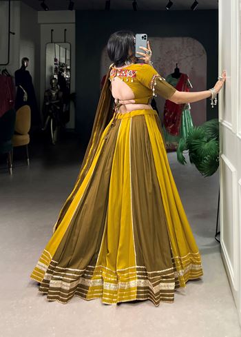 Mehendi-Mustard Rayon Lehenga Choli with Sequins Lace Gota Patti