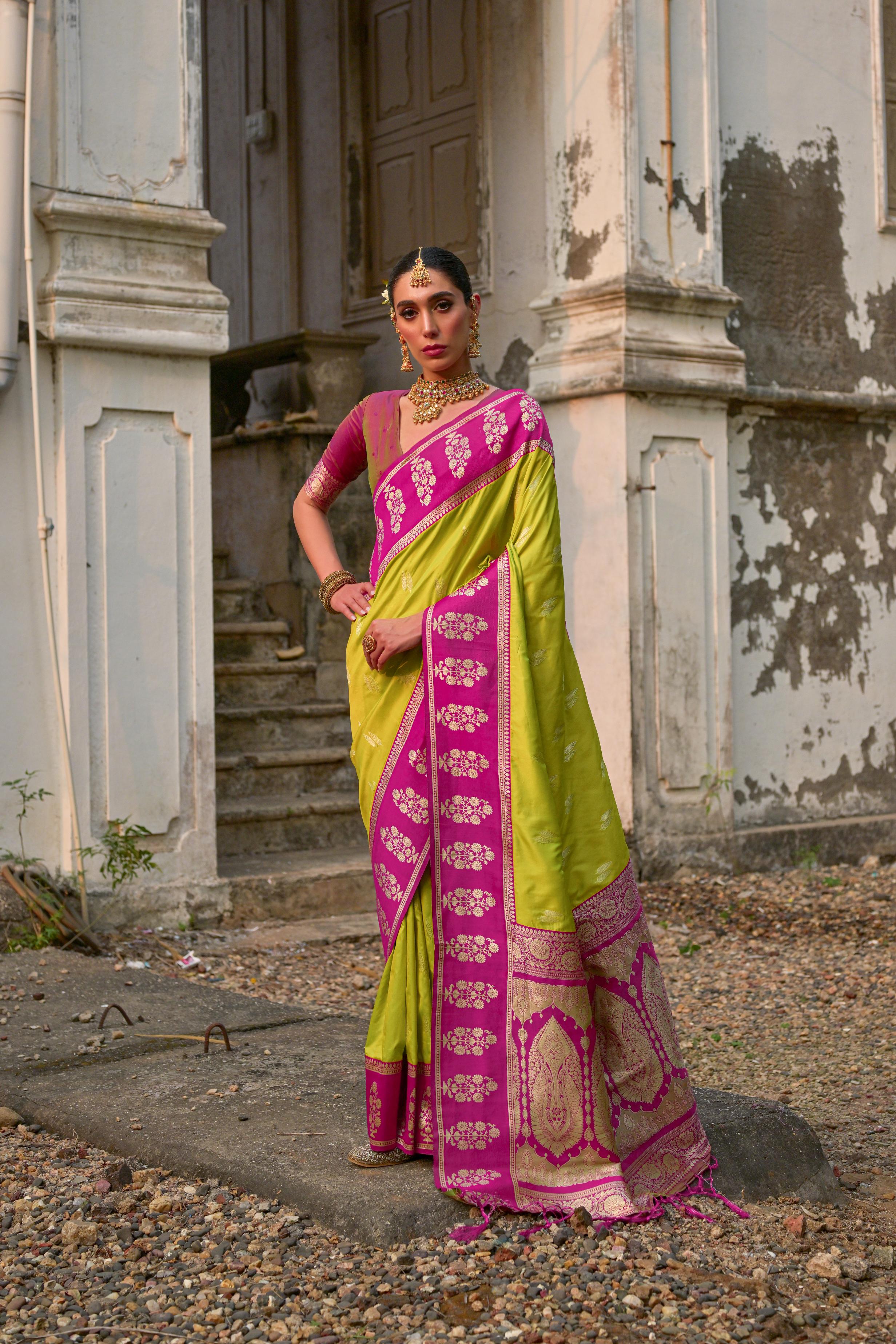 Mahendi Banarasi Silk Woven Jari Designer Heavy Rich Looks Ceremonial Saree