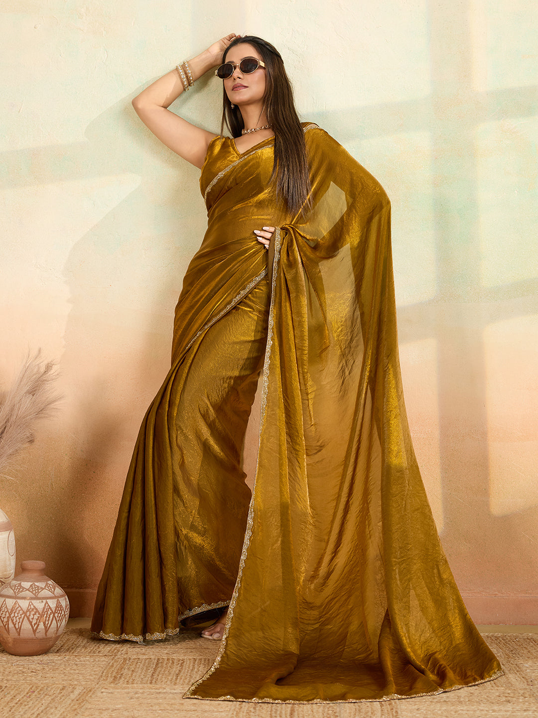 Mahendi Designer Beads Embroidery Work Fendy Satin Bollywood Style Saree