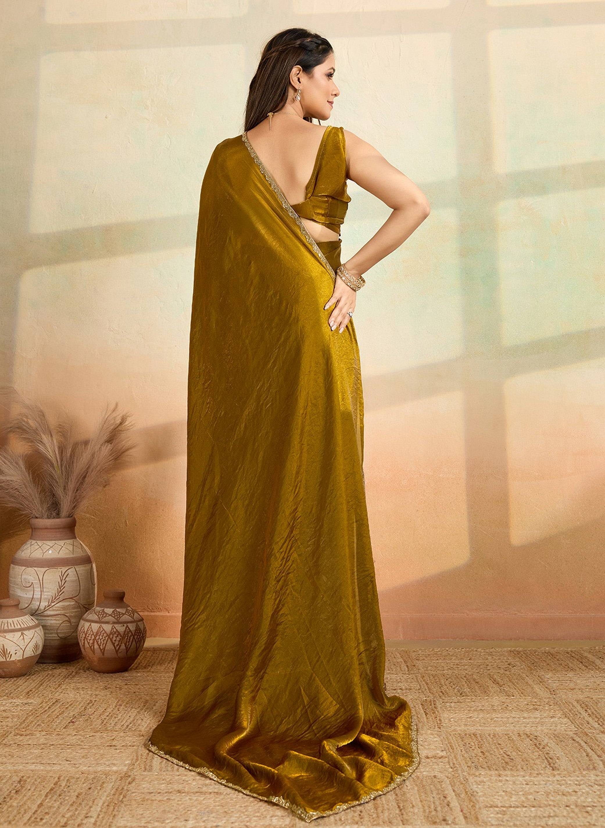Mahendi Designer Beads Embroidery Work Fendy Satin Bollywood Style Saree