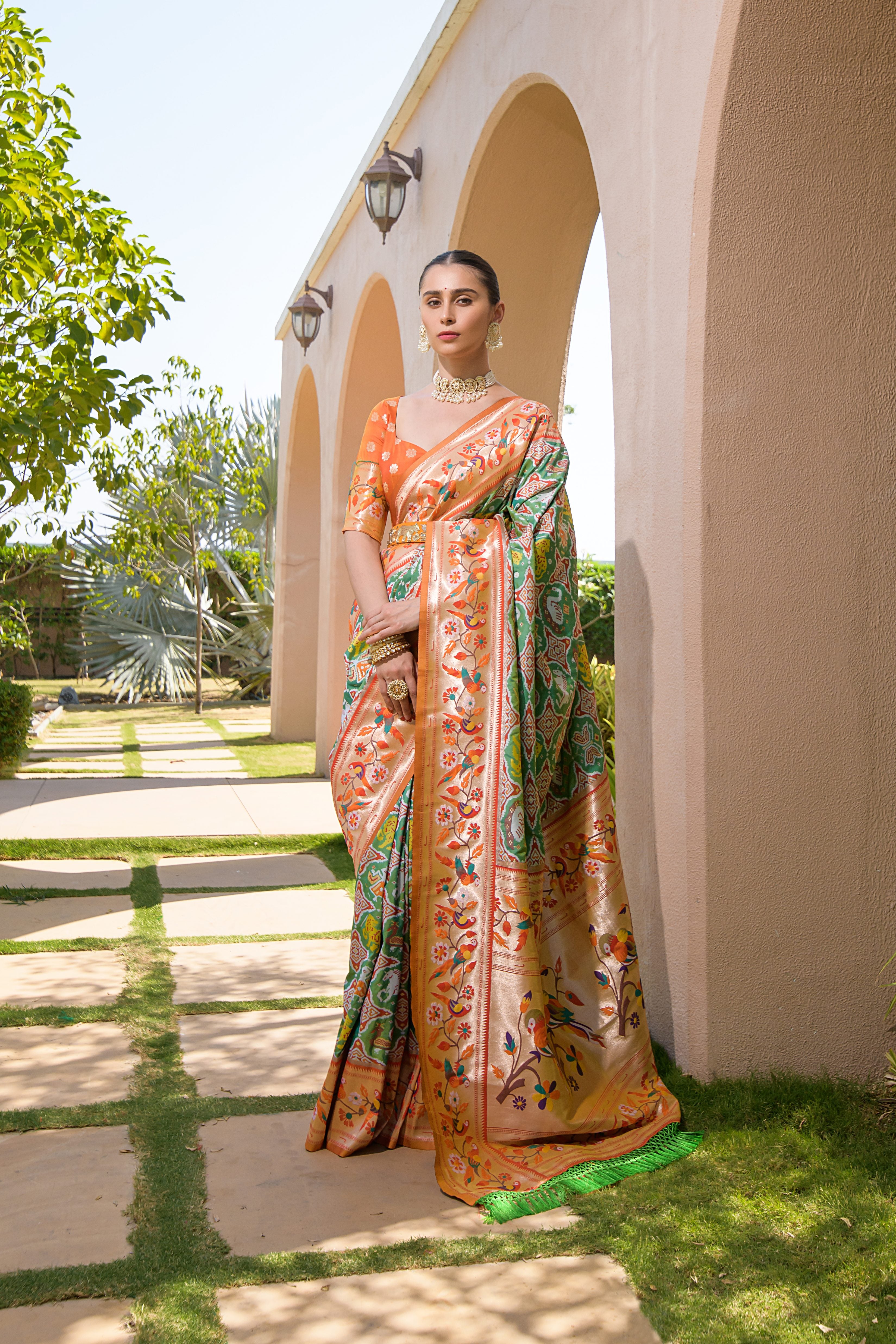 Mahendi Paithani Silk Saree with Meenakari Zari and Pallu