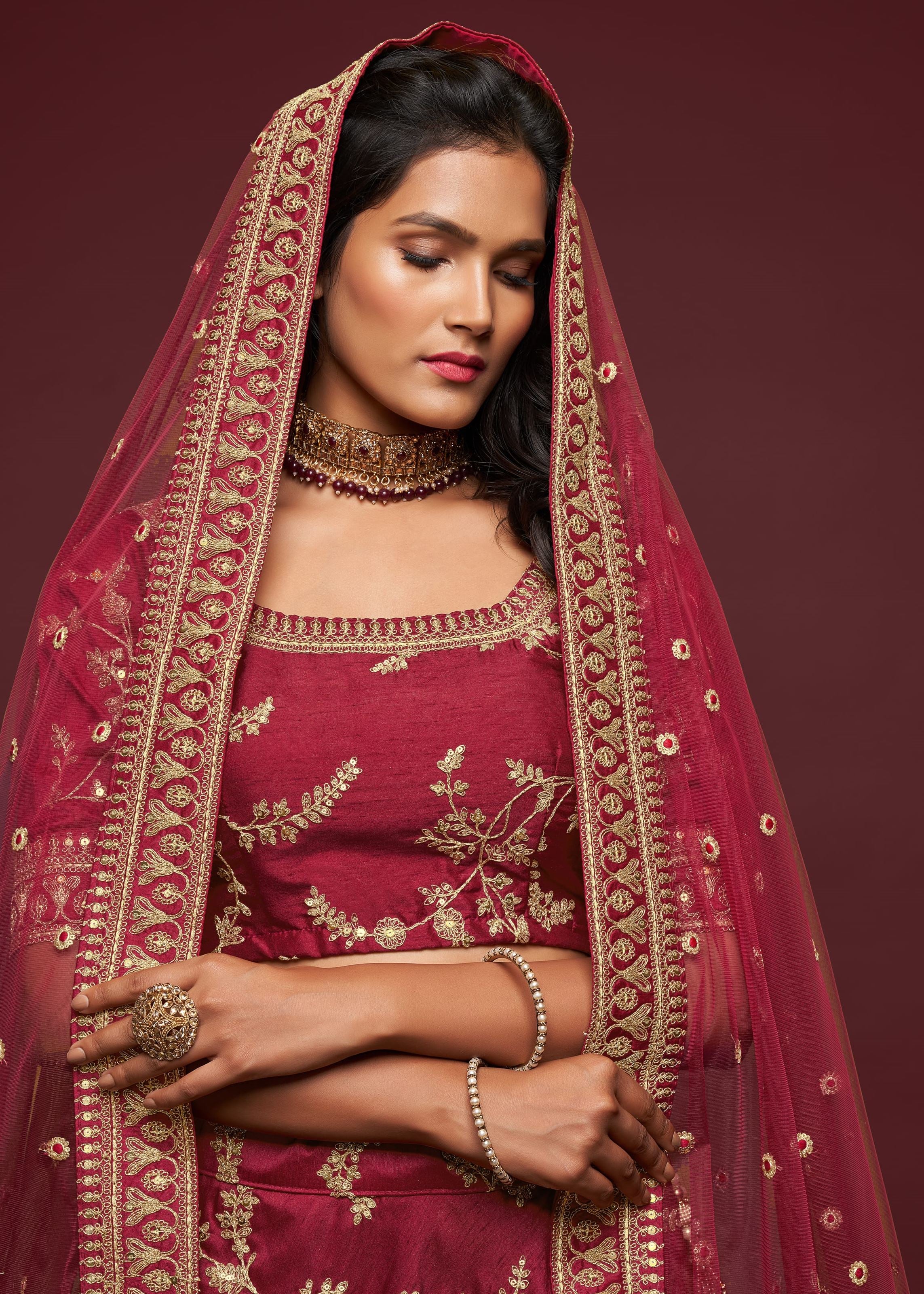 Maroon Art Silk Lehenga Choli With Thread, Zari, Dori and Sequins Embroidery Work