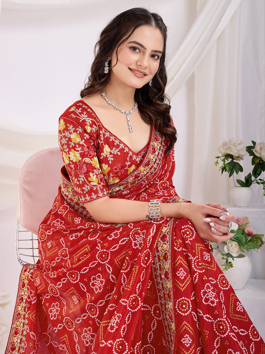 Maroon Bandhani Printed With Embroidery Work Beautiful Ceremonial Saree
