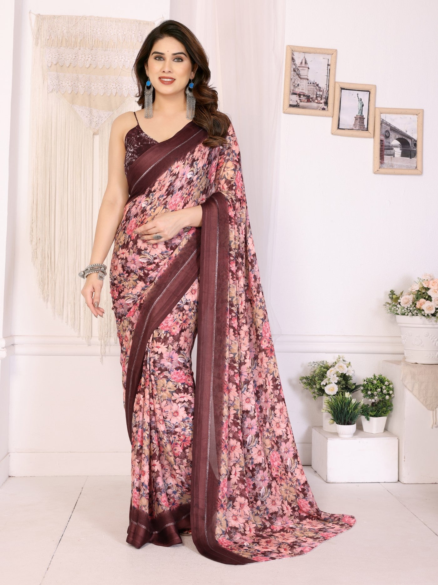 Maroon Bright Moss Satin Patta Saree With Printed Design