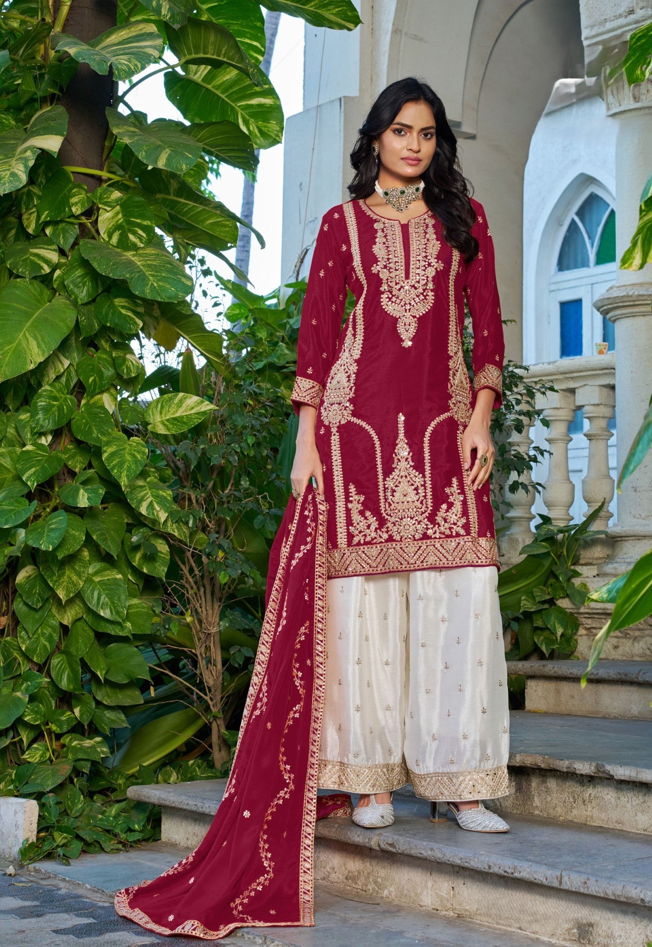 Maroon Chinon Designer Suit Set With Elegant Embroidery