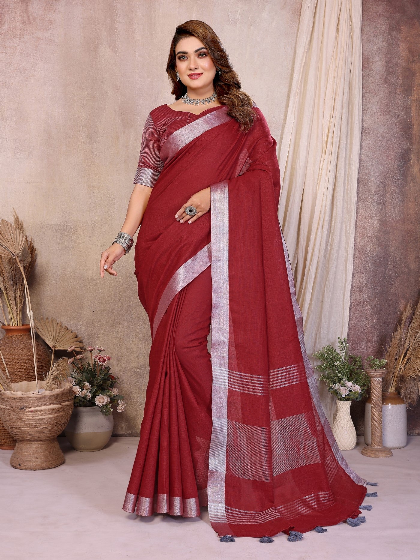 Maroon Cotton Saree With Elegant Silver Zari Border