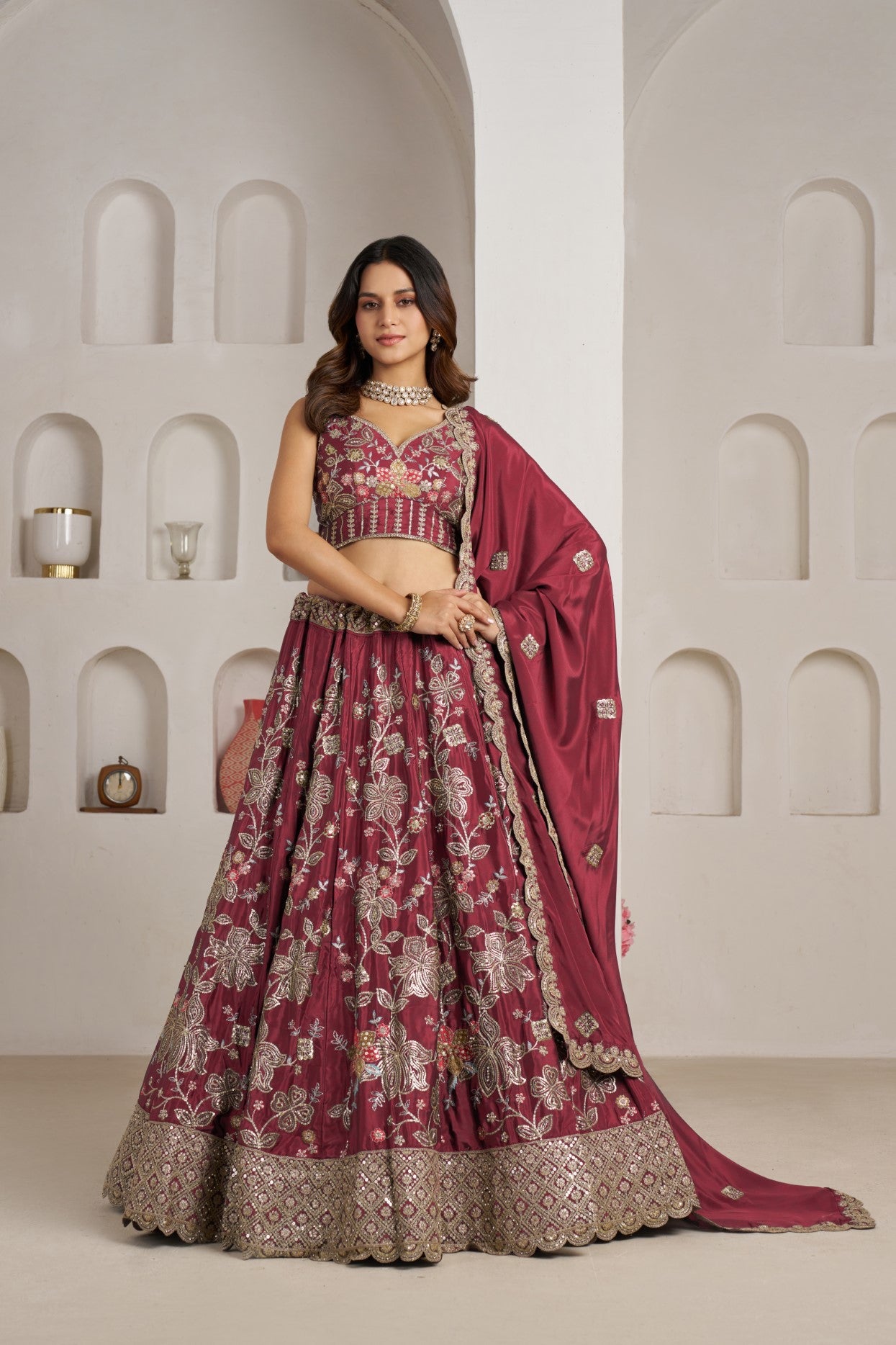 Maroon Crepe Silk Golden Floral Wedding Lehenga Choli