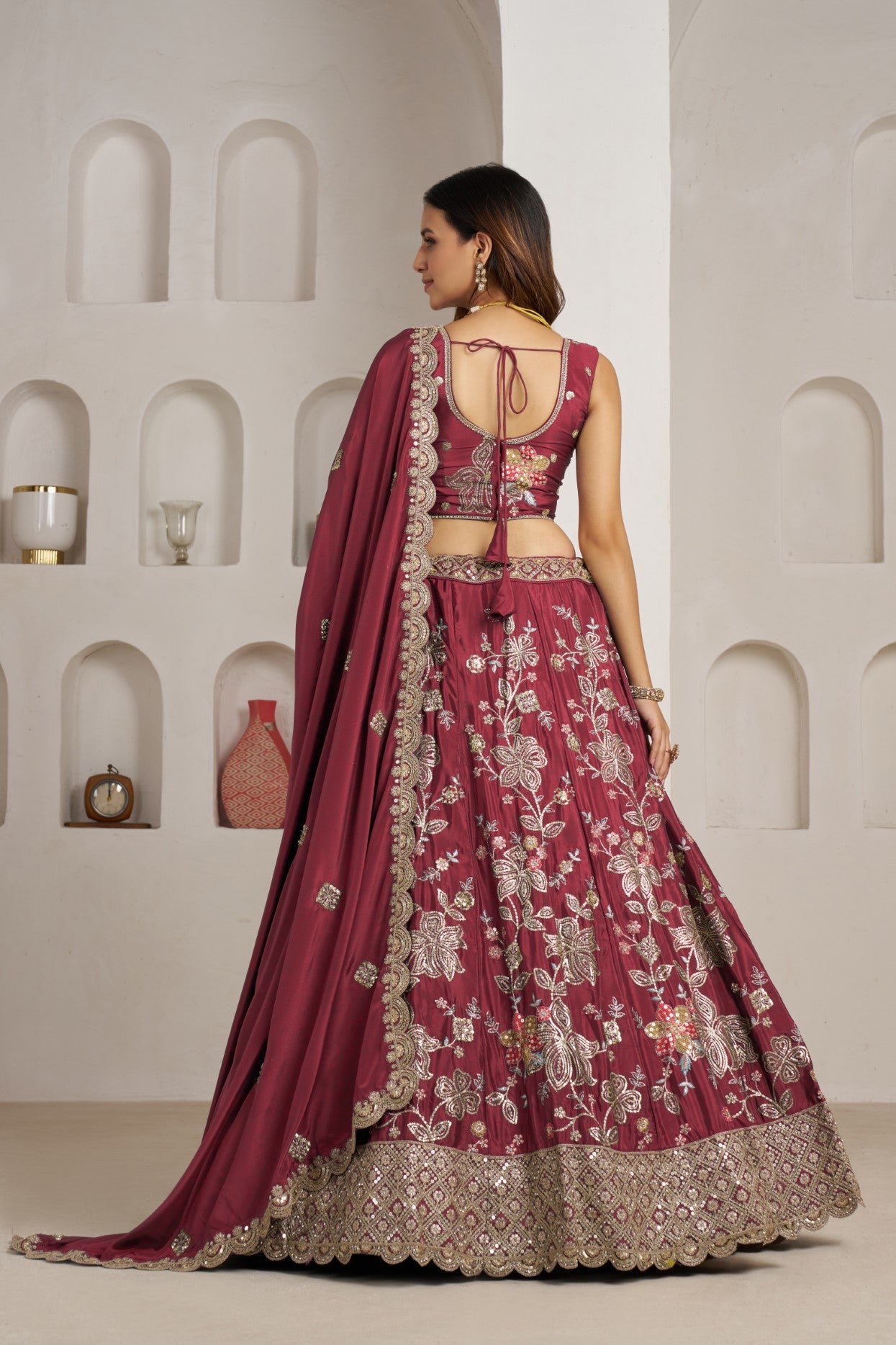 Maroon Crepe Silk Golden Floral Wedding Lehenga Choli