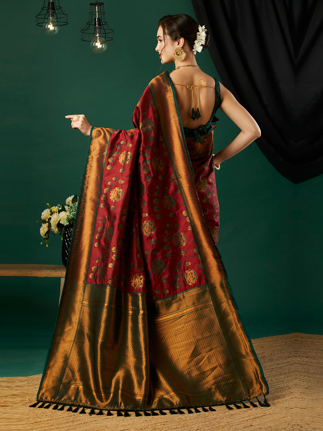 Maroon Ethnic Banarasi Silk Saree With Floral Woven Designer Looks